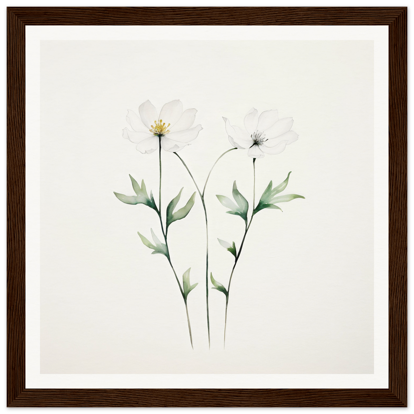 Delicate watercolor painting of two wildflowers with stems and leaves.