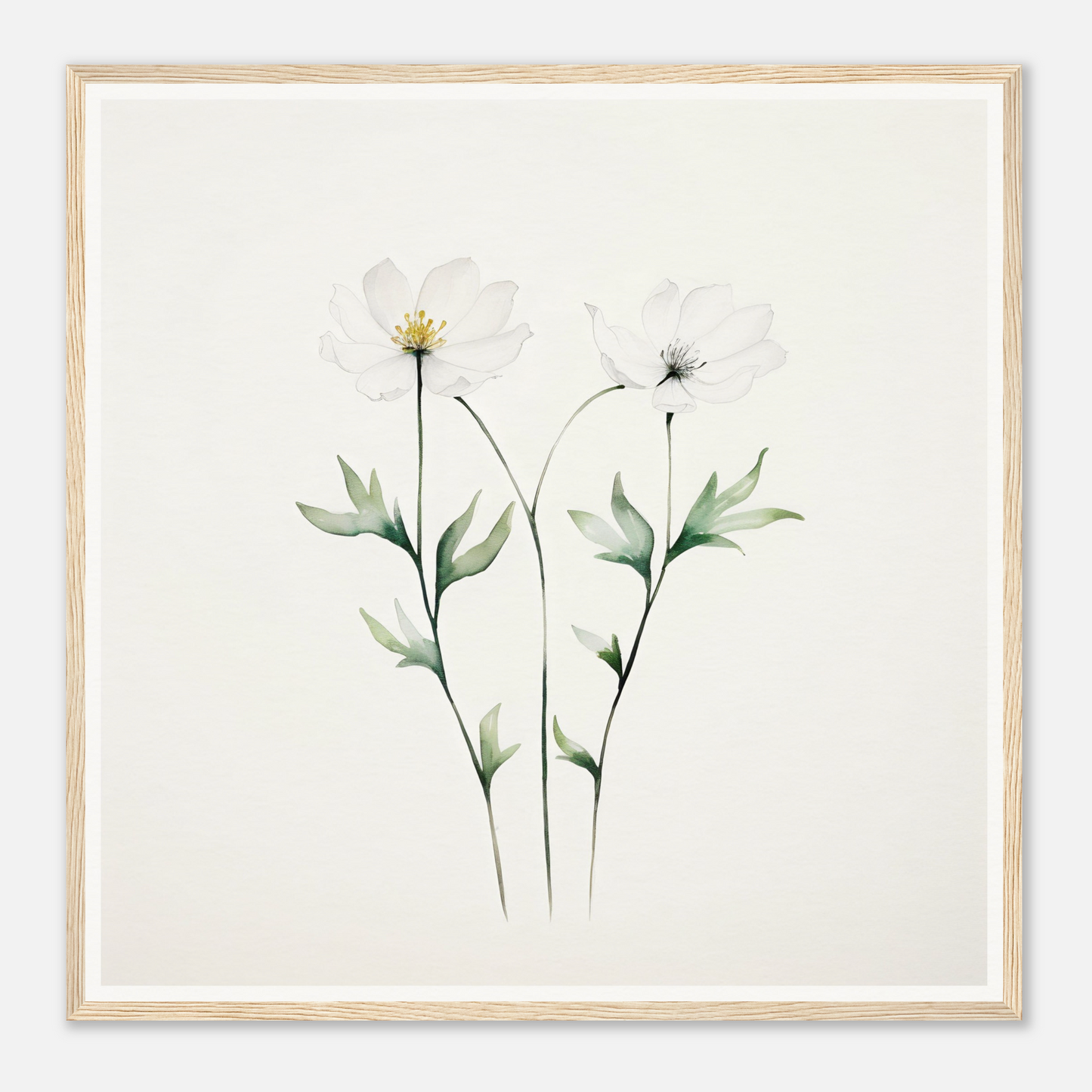 Delicate watercolor painting of two slender flowers with green leaves and pale blooms.