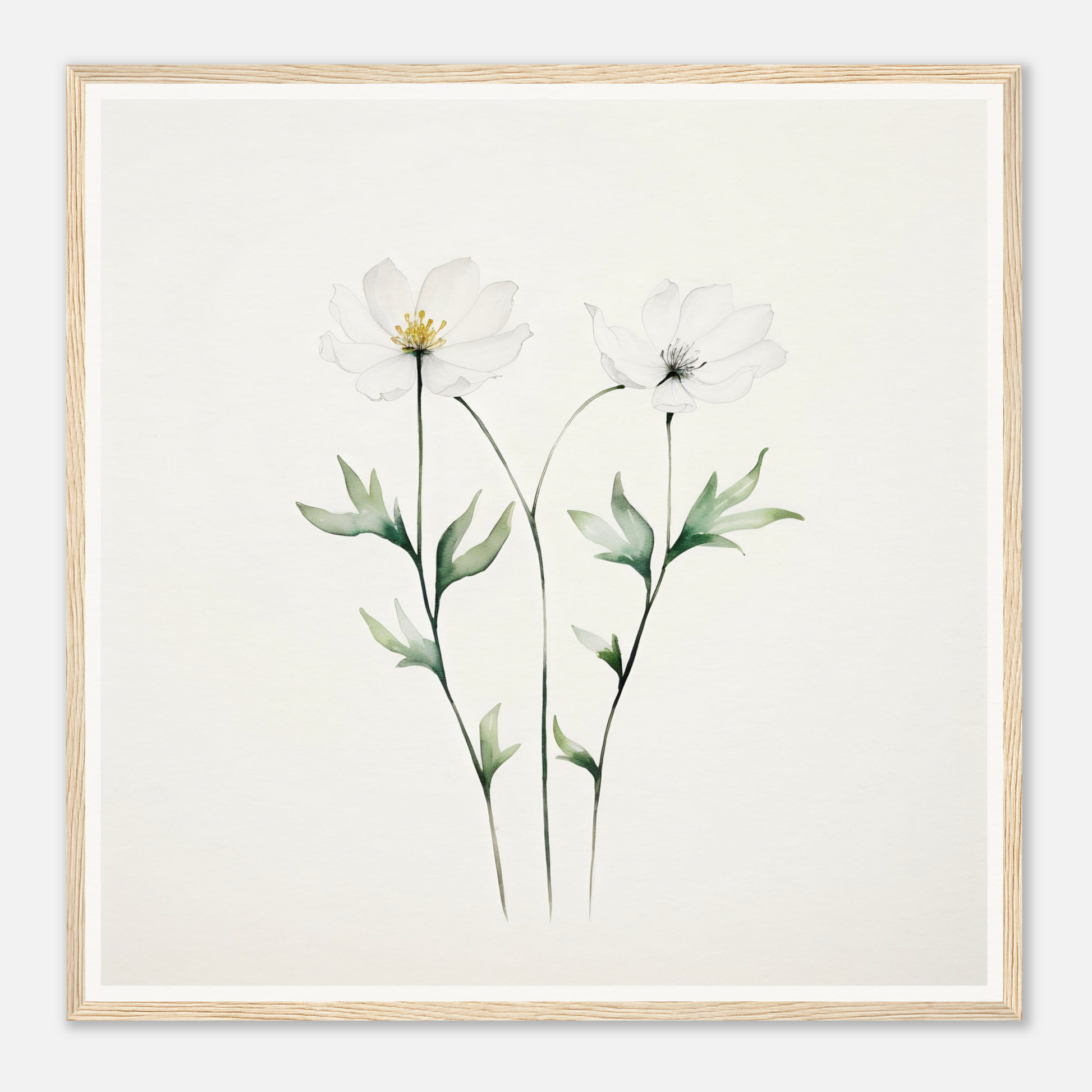 Delicate watercolor painting of two slender flowers with green leaves and pale blooms.
