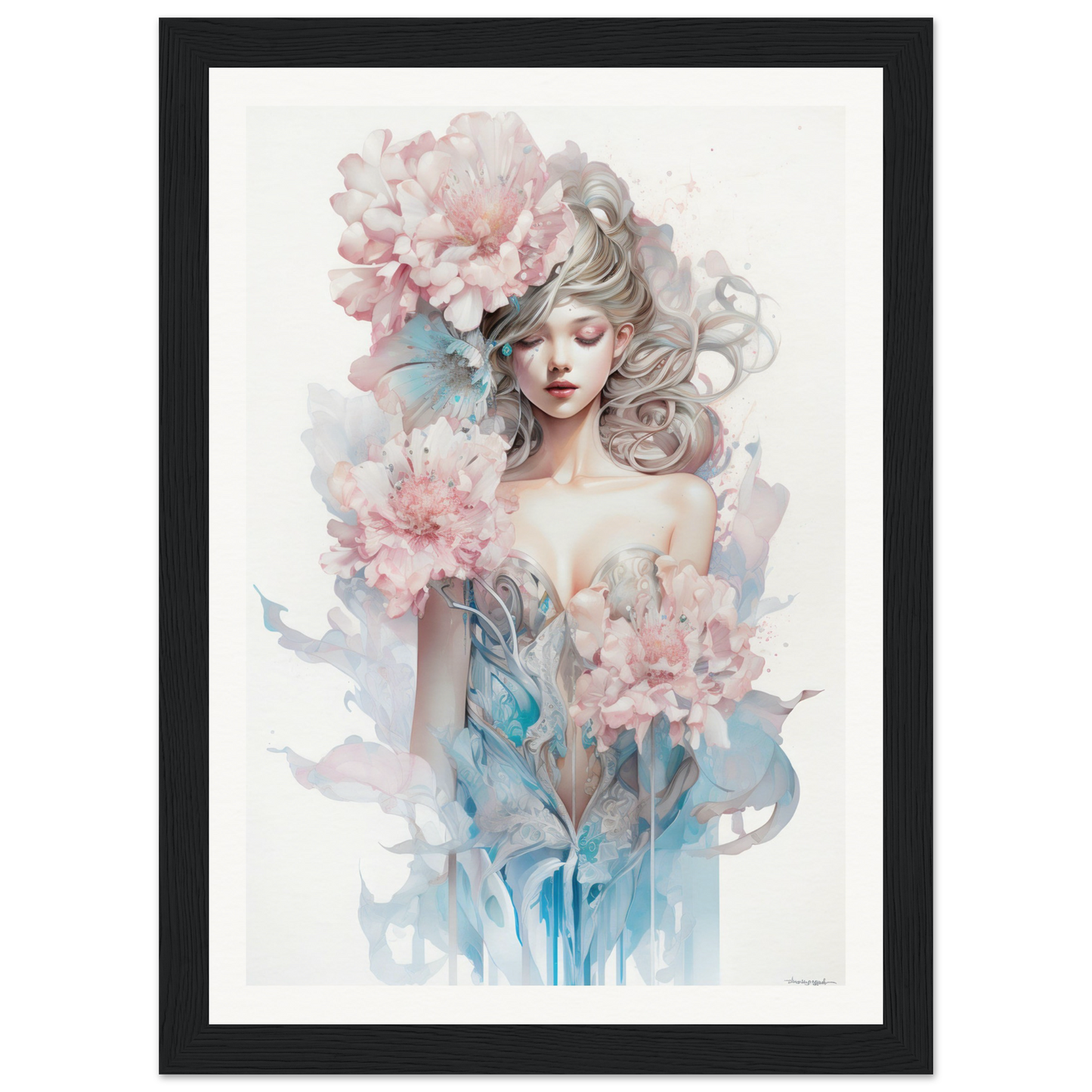 Watercolor-style portrait of a woman with flowing hair surrounded by pink flowers and blue-tinted foliage.