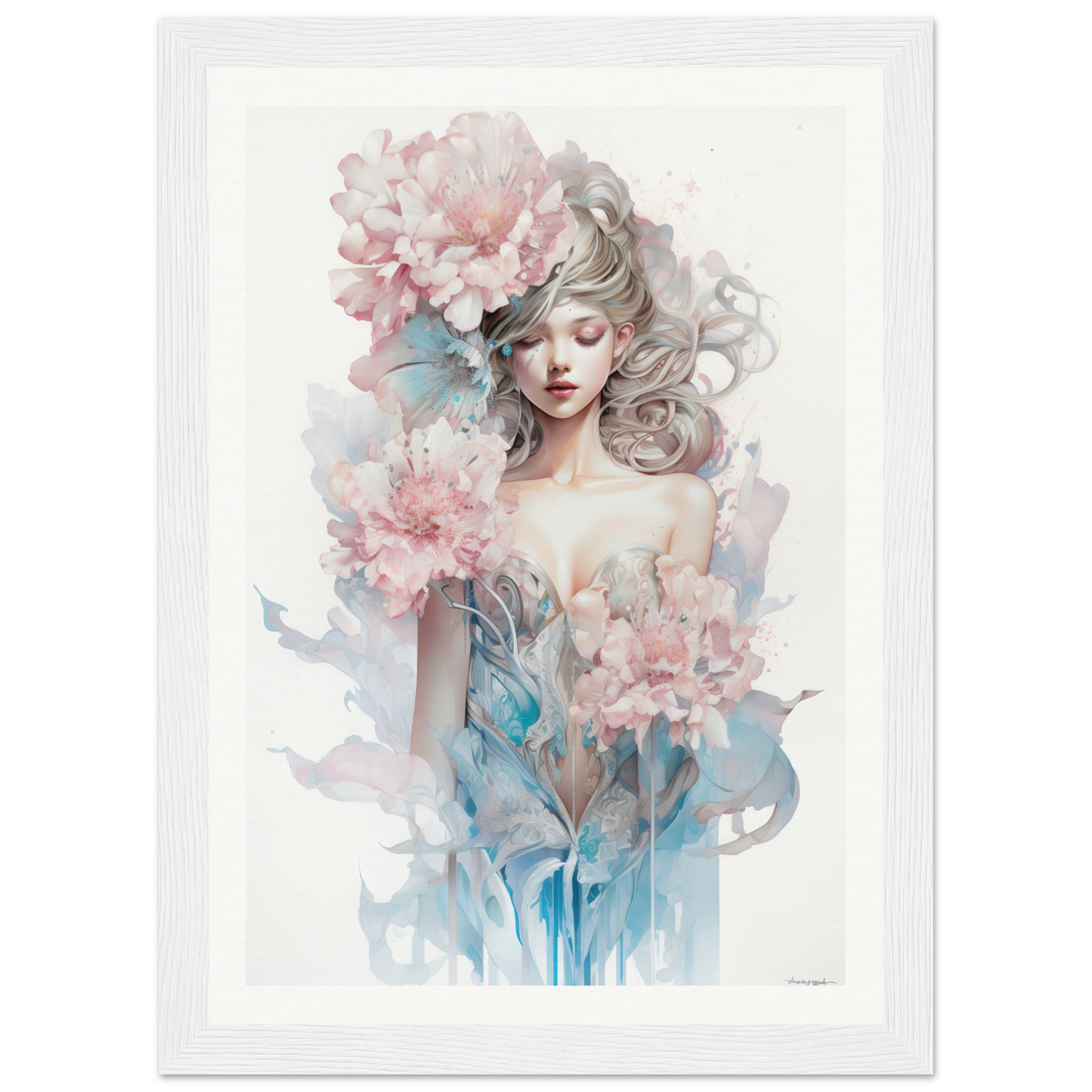 Ethereal watercolor-style portrait of a woman with flowing hair surrounded by soft pink flowers.