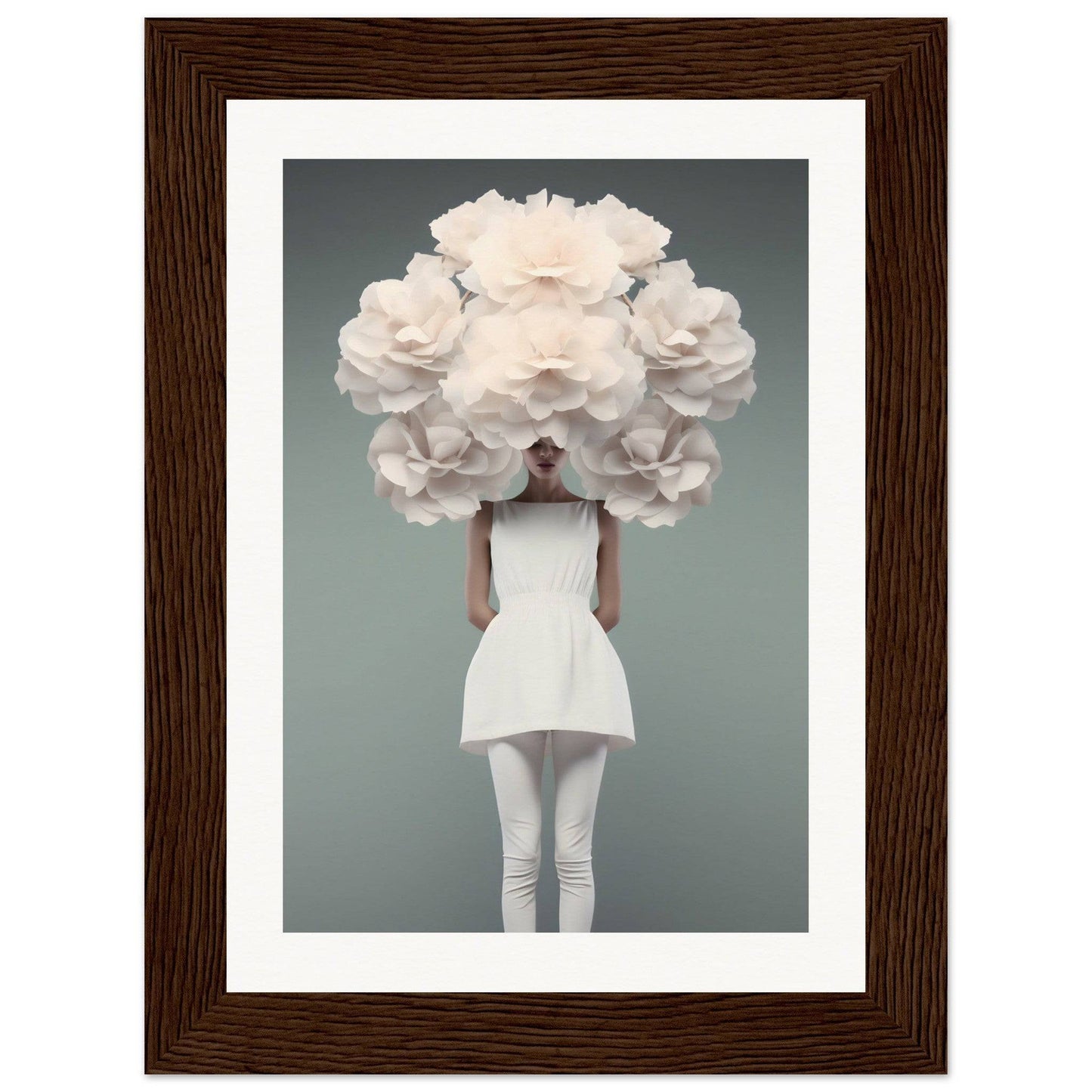 A person wearing a white dress with an enormous cloud-like floral headdress obscuring their face and upper body.