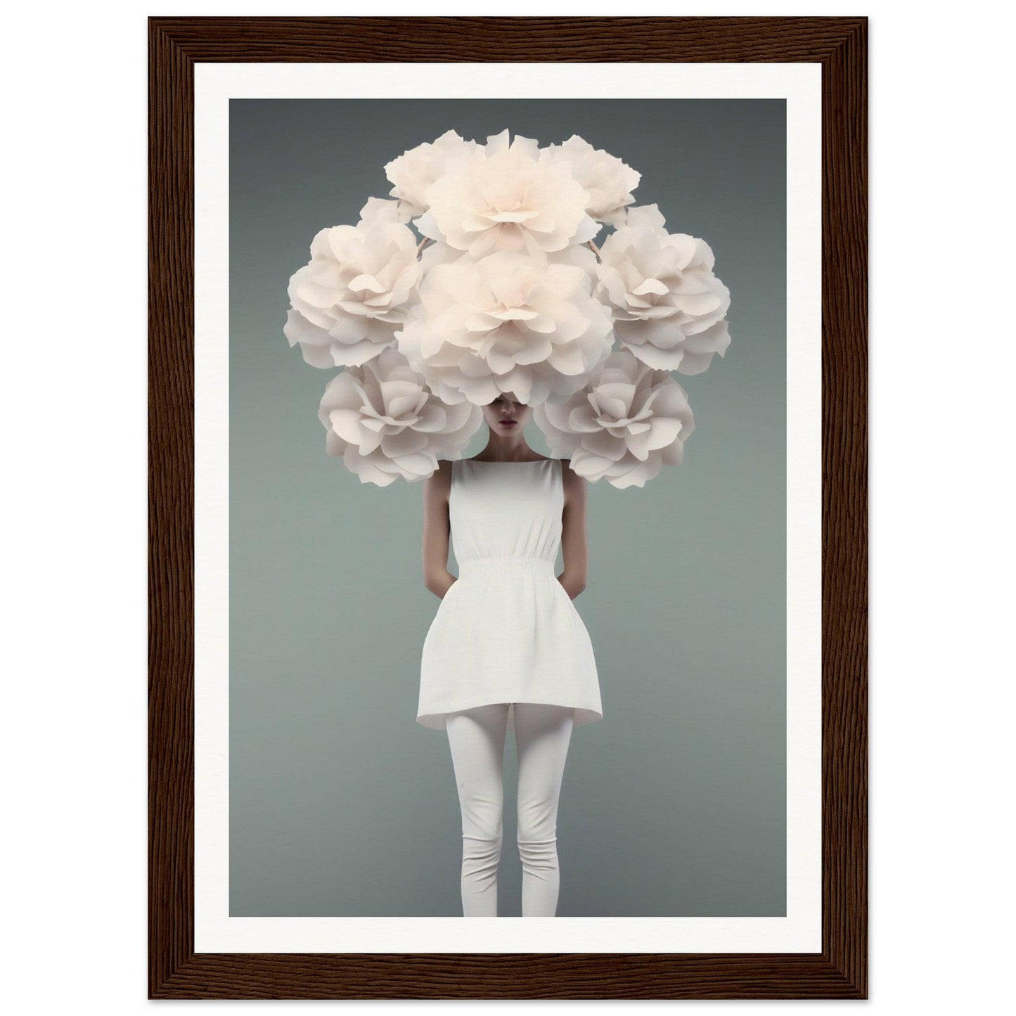 Figure in a white dress with an enormous floral headdress obscuring their face and head.