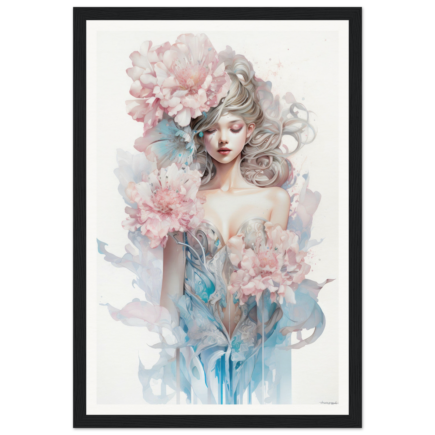 Watercolor-style portrait of a woman surrounded by soft pink flowers and blue-tinted foliage.