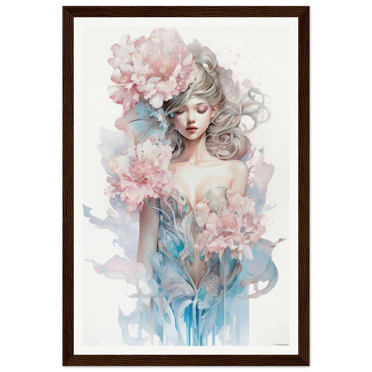 Watercolor-style painting of a woman surrounded by soft pink flowers and blue foliage.