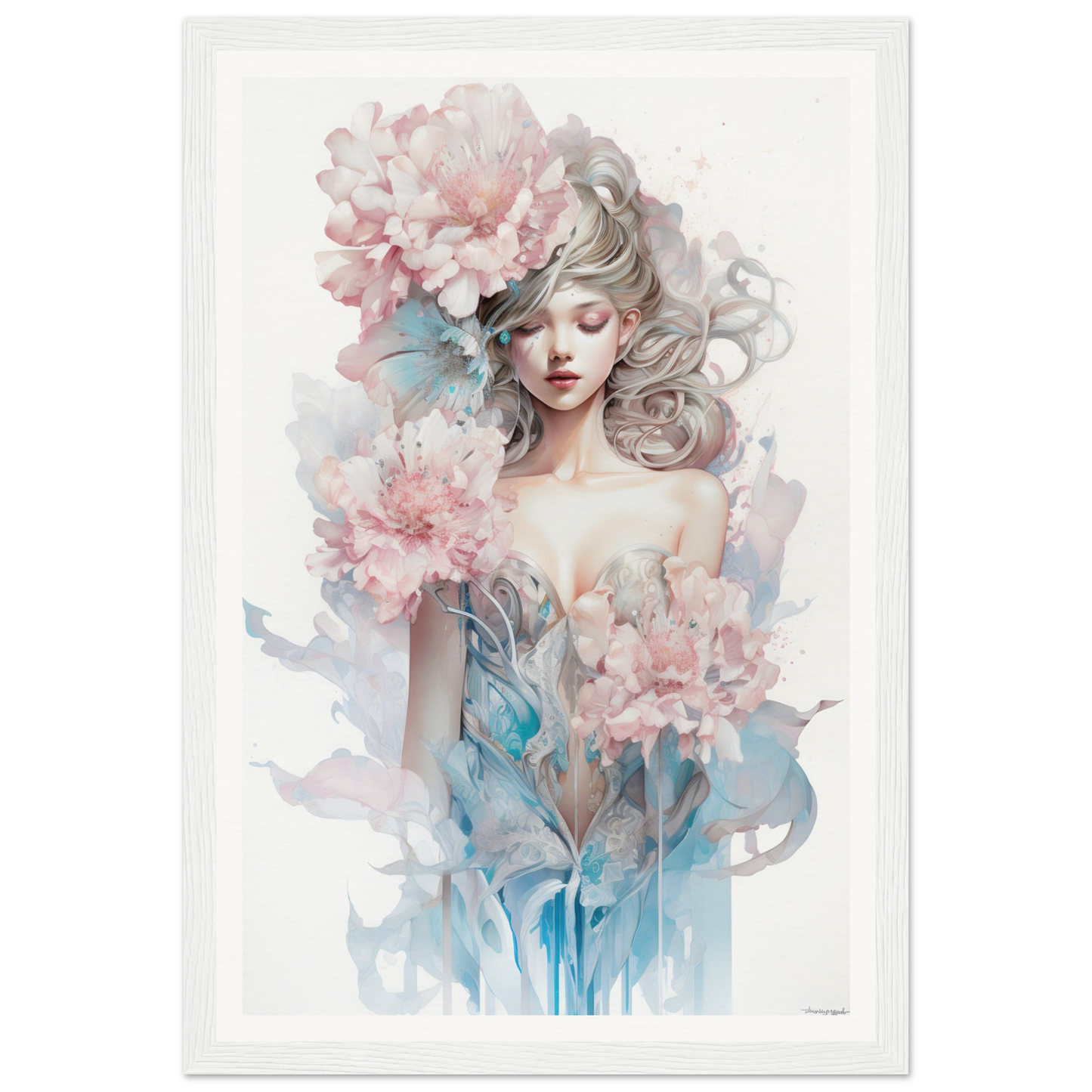 Watercolor-style portrait of a woman surrounded by soft pink flowers and blue-tinted foliage.