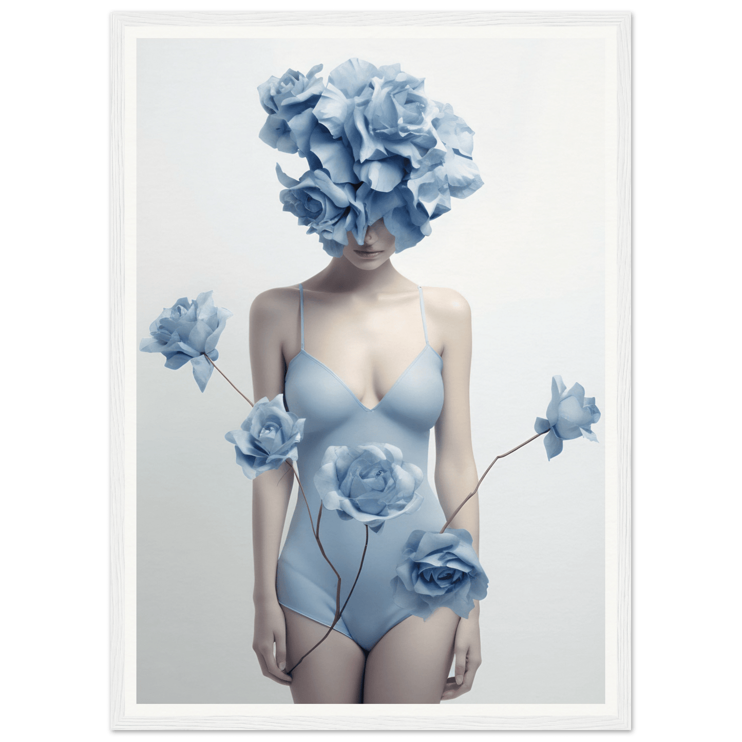 Surreal figure with a blue floral head and body wearing a pale blue bodysuit adorned with roses.