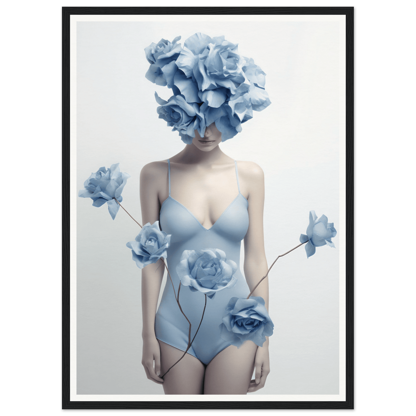 Surreal artwork depicting a figure with blue flowers replacing the head, wearing a pale blue bodysuit.