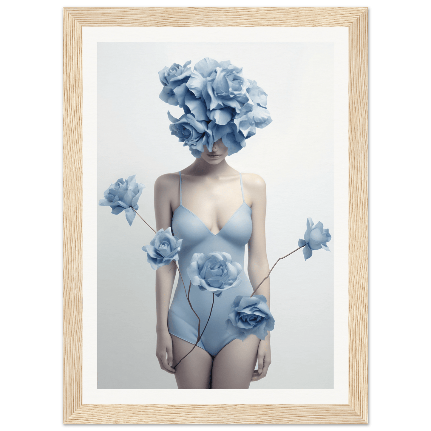 Surreal figure with a body covered in blue flowers and petals instead of a head.