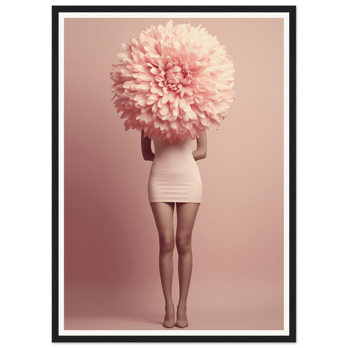 A pink chrysanthemum-like flower replacing a person’s head and upper body.
