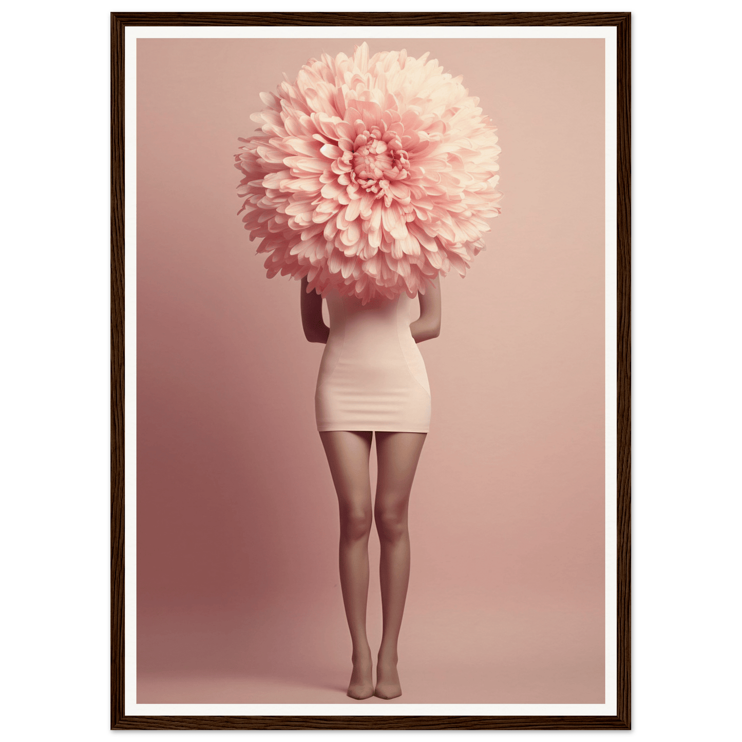 A person wearing a giant pink flower as a head, standing in a short white dress.