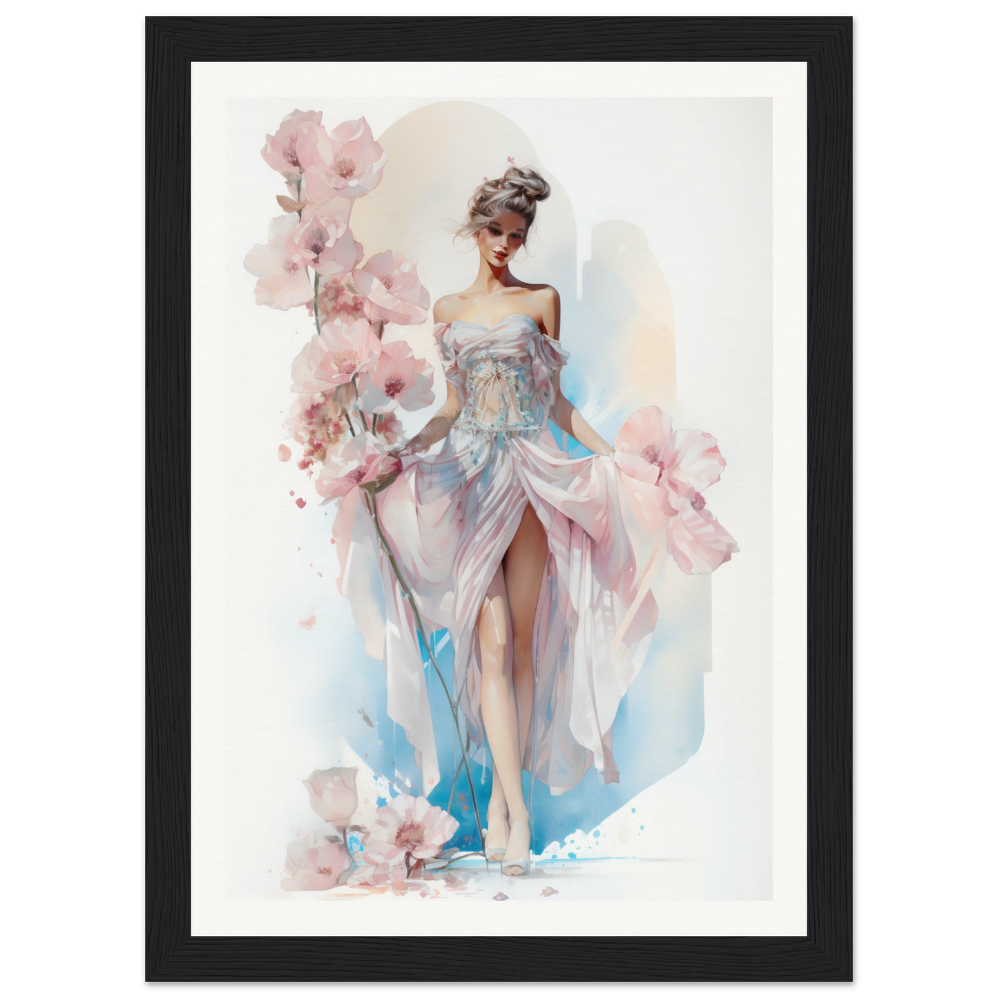 Watercolor painting of a woman in a flowing dress surrounded by pink flowers.