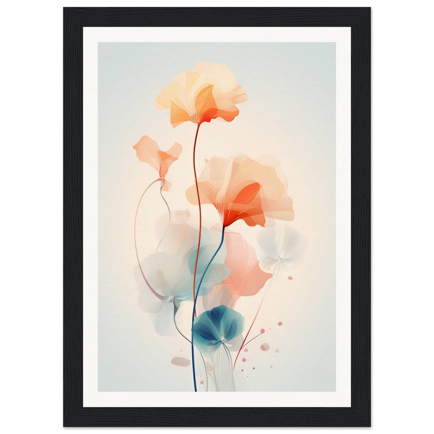 Delicate watercolor painting of abstract flowers with soft orange and blue hues.