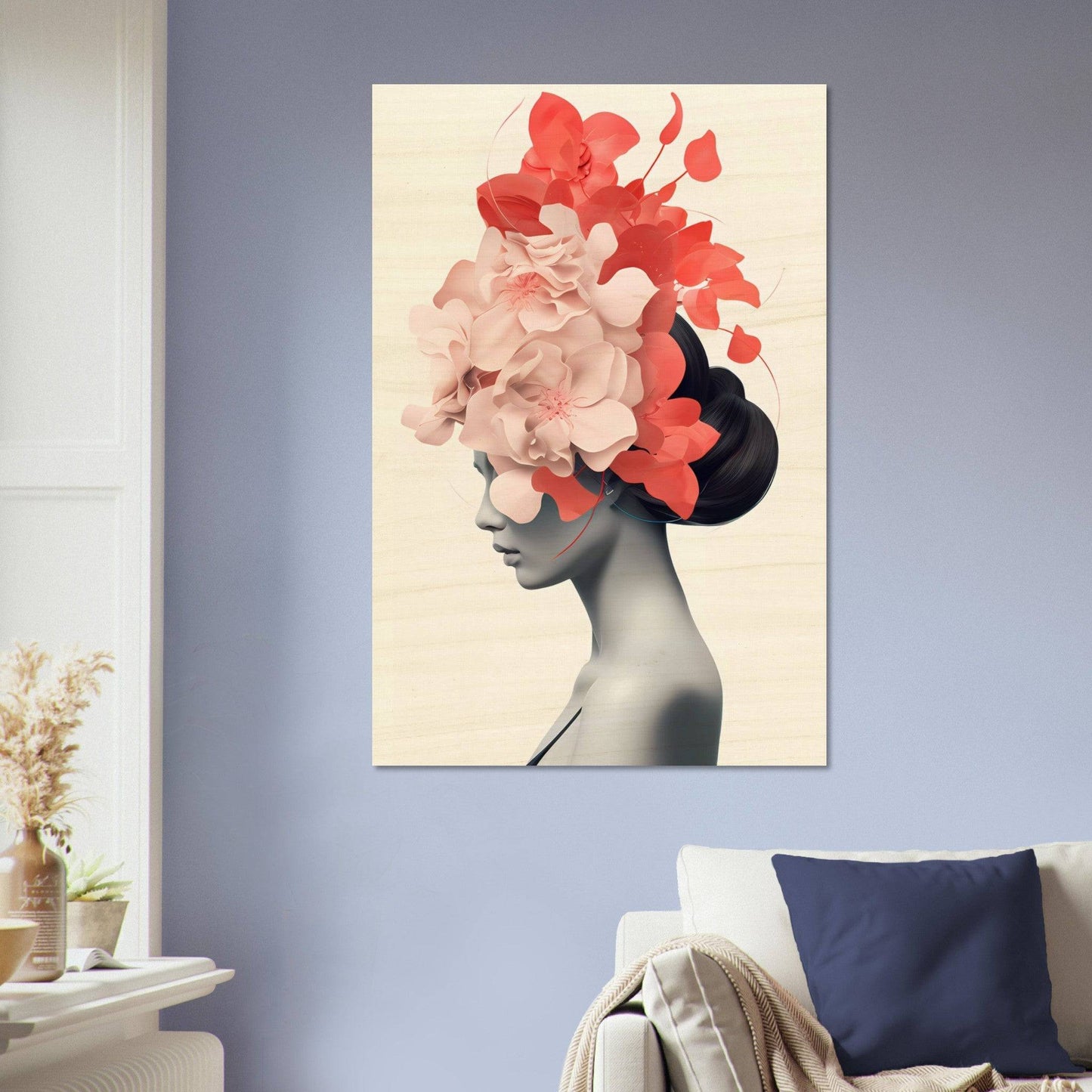 Artistic portrait featuring a silhouette with vibrant floral elements emerging from the head.