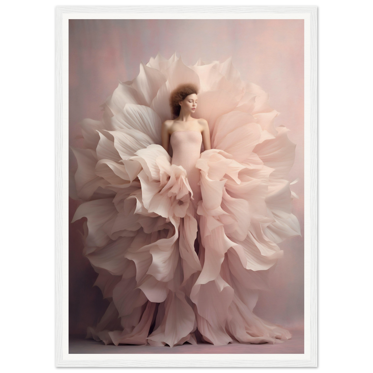 Woman emerging from or enveloped by delicate pink flower petals.