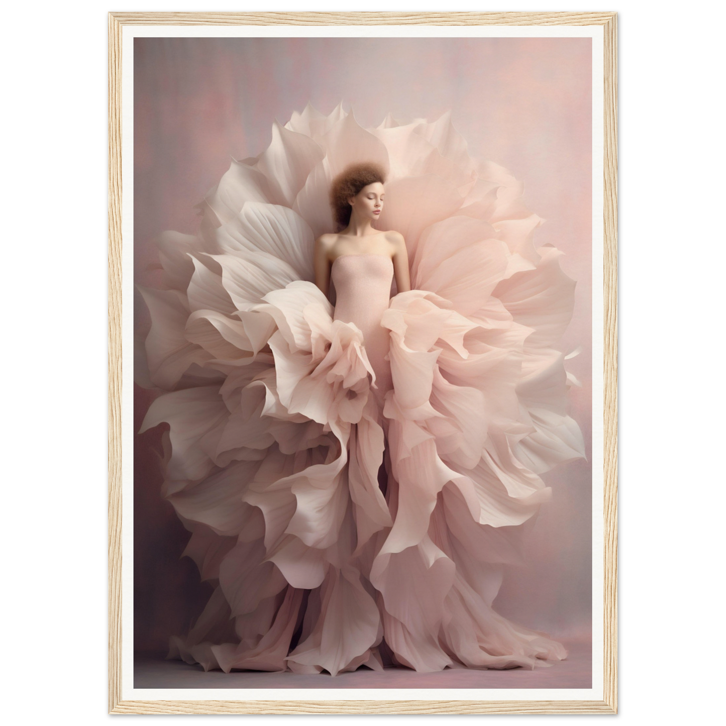 A figure emerging from or enveloped by delicate, petal-like layers resembling a blossoming flower.
