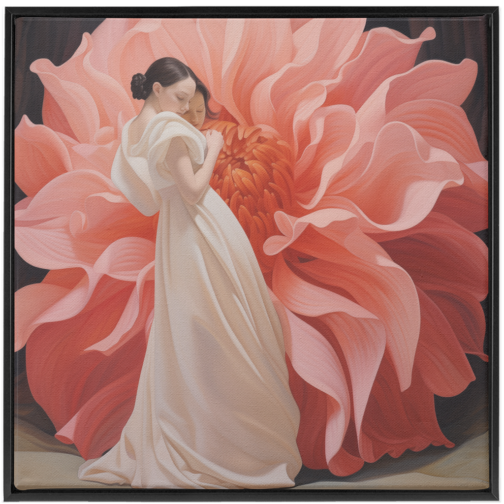 Woman in a white dress standing in front of an enormous pink flower.