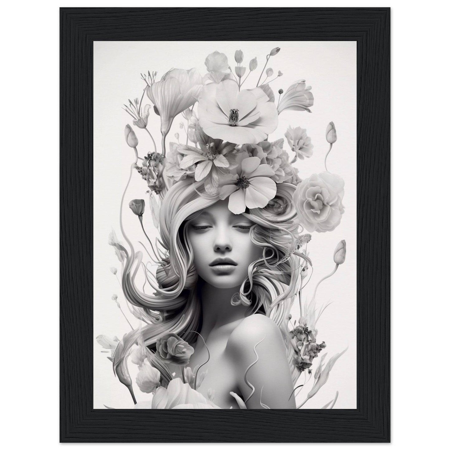 Black and white portrait of a woman with elaborate floral headdress and flowing hair.