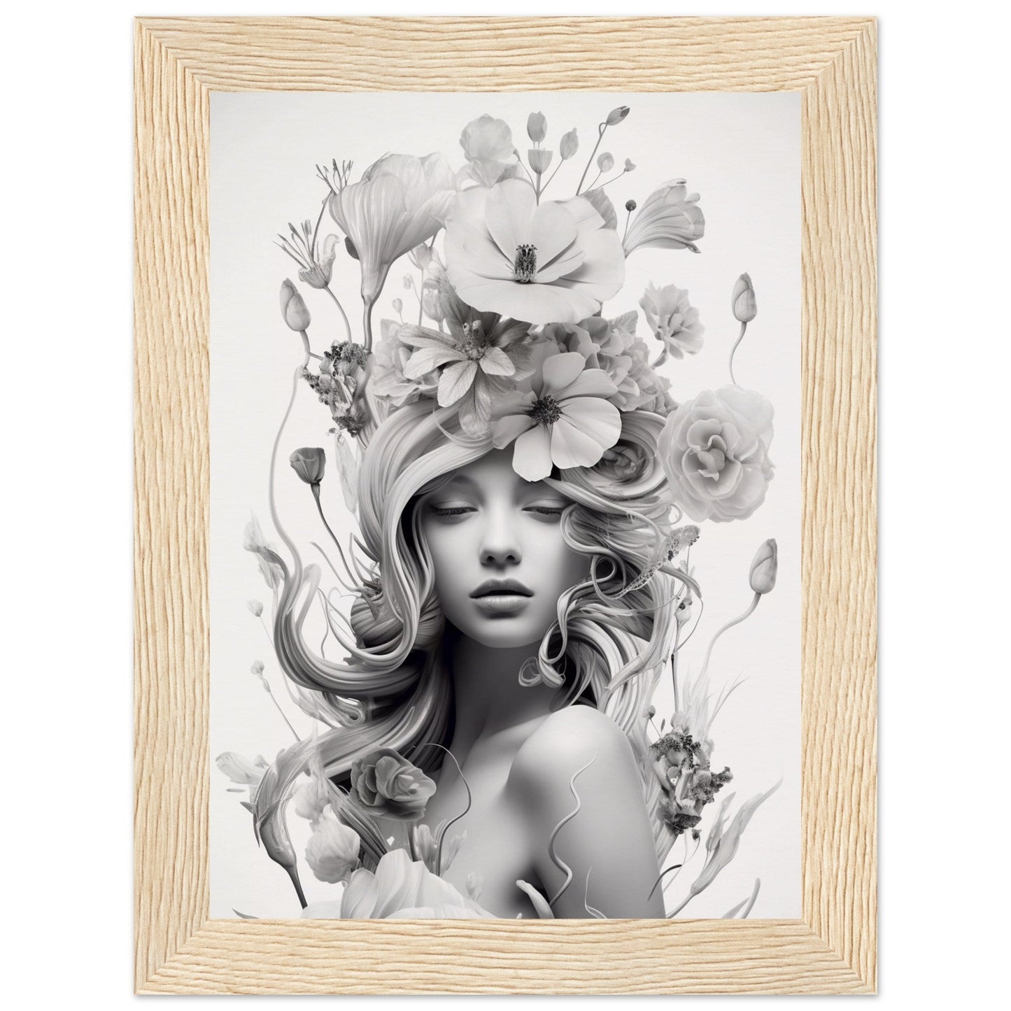 Black and white portrait of a woman with elaborate floral headdress.