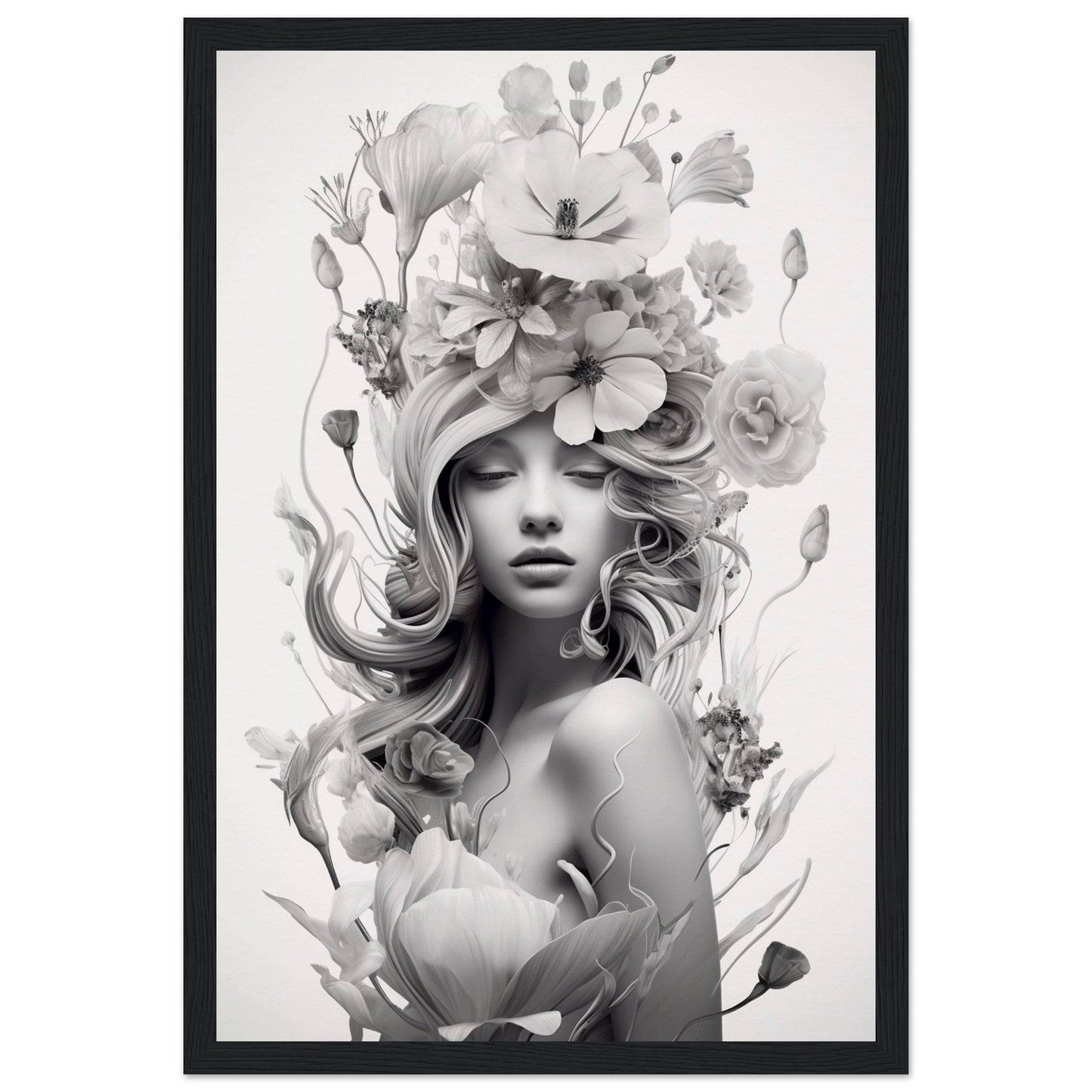 Black and white artistic portrait featuring a woman with flowing hair adorned with floral elements.