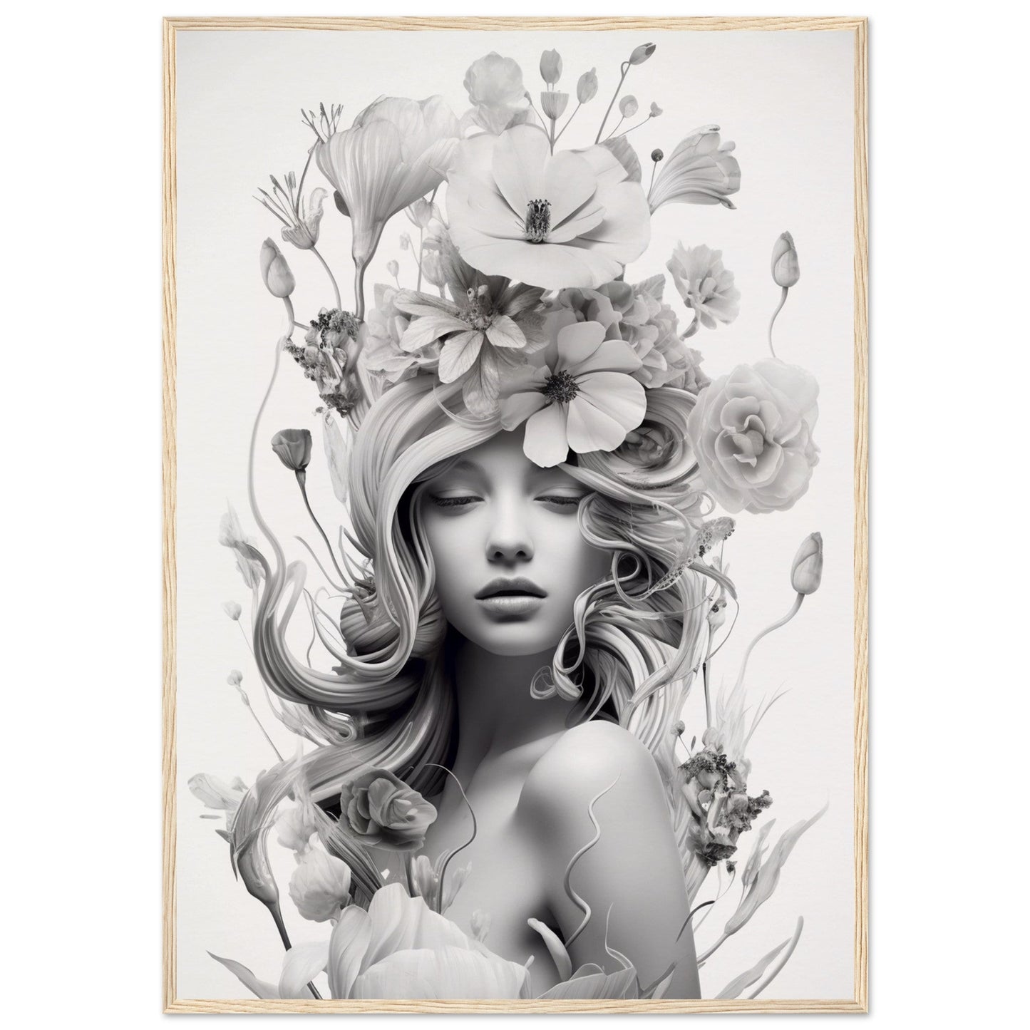 Monochrome portrait of a woman with flowing hair adorned by an elaborate floral headdress.