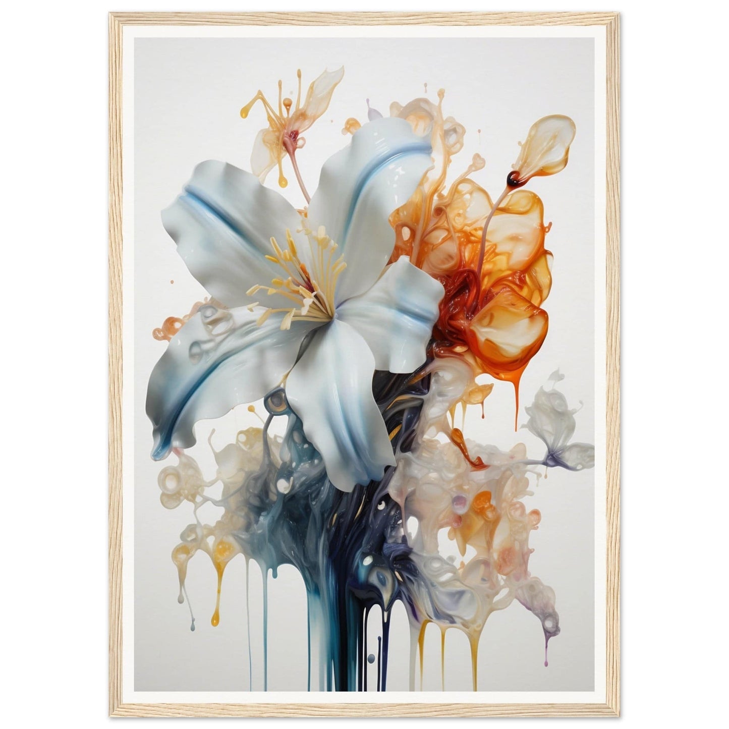 Delicate white lily flower with watercolor-style drips and splashes in blue, orange, and gray tones.