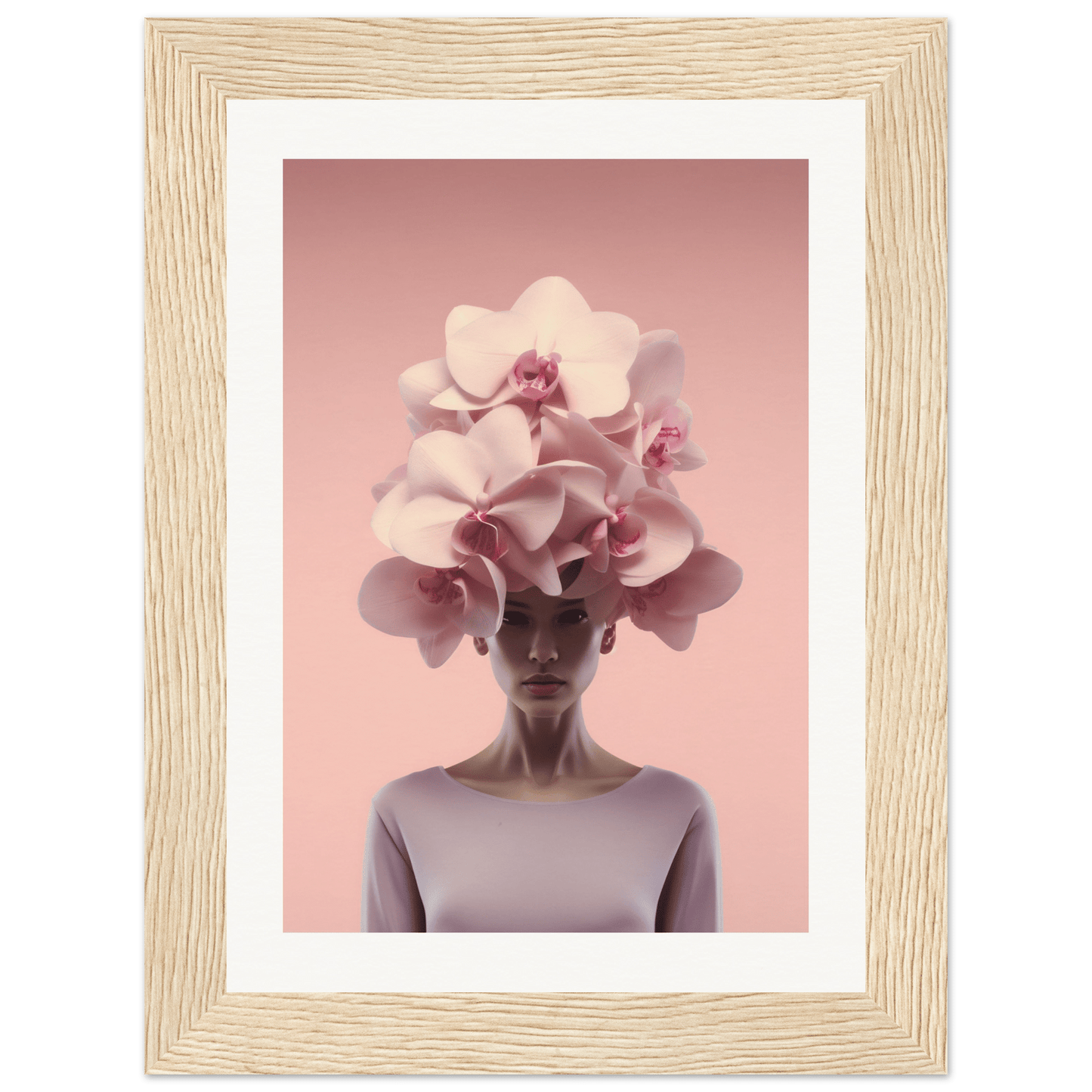 Surreal portrait of a figure with oversized orchid flowers in place of their head and hair.