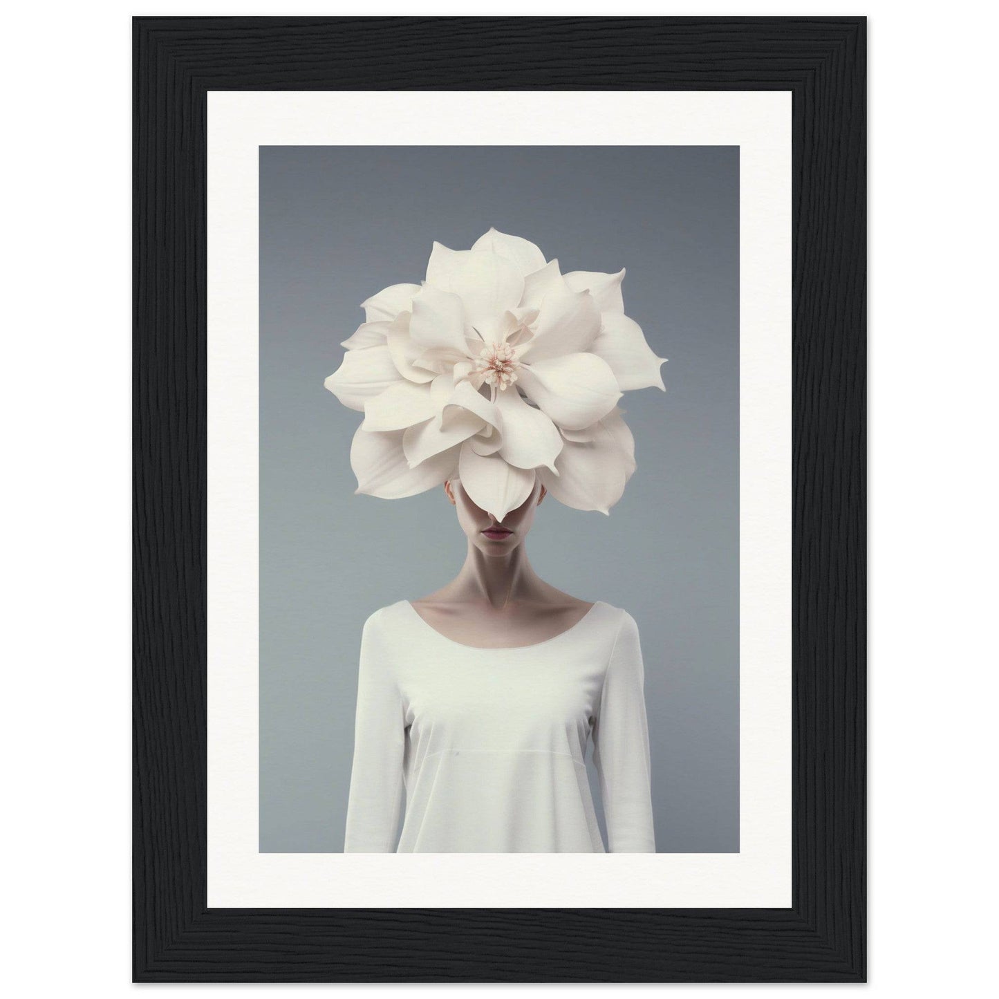 Surreal portrait of a figure with a giant white flower in place of their head.