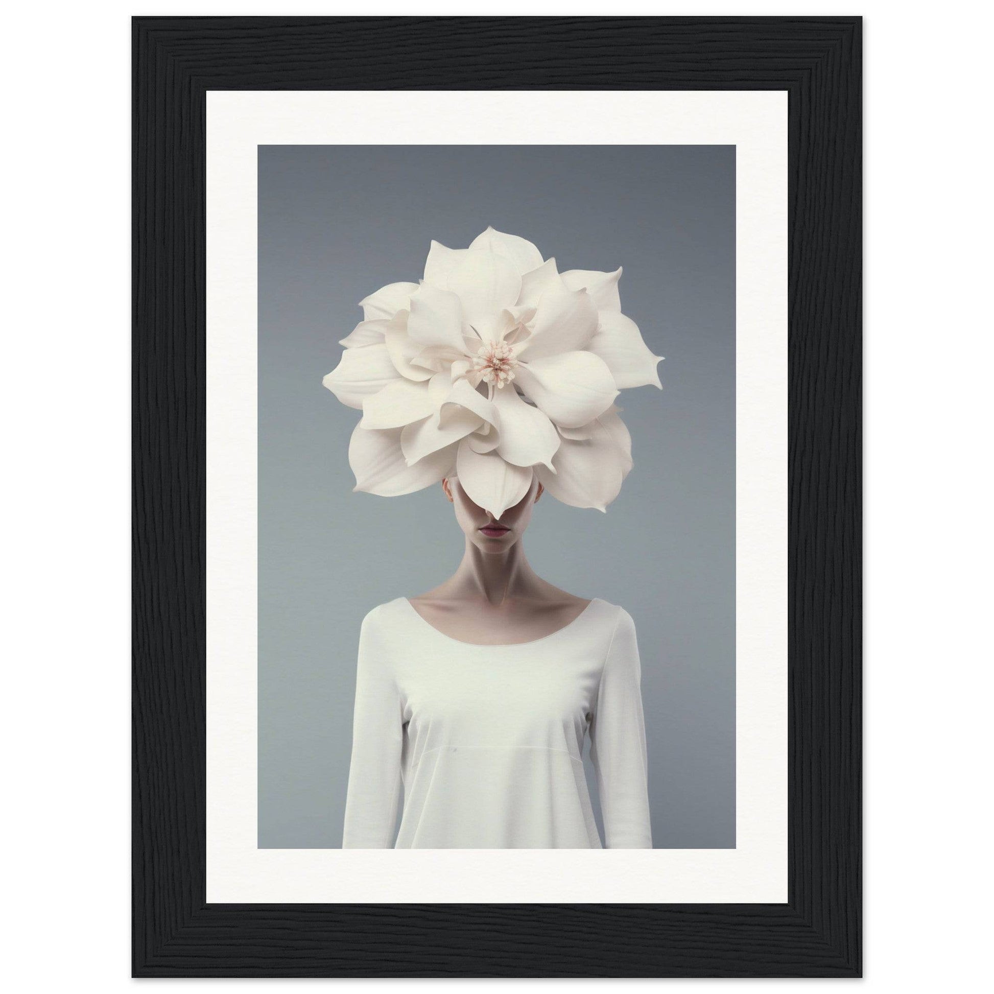 Surreal portrait of a figure with a giant white flower in place of their head.