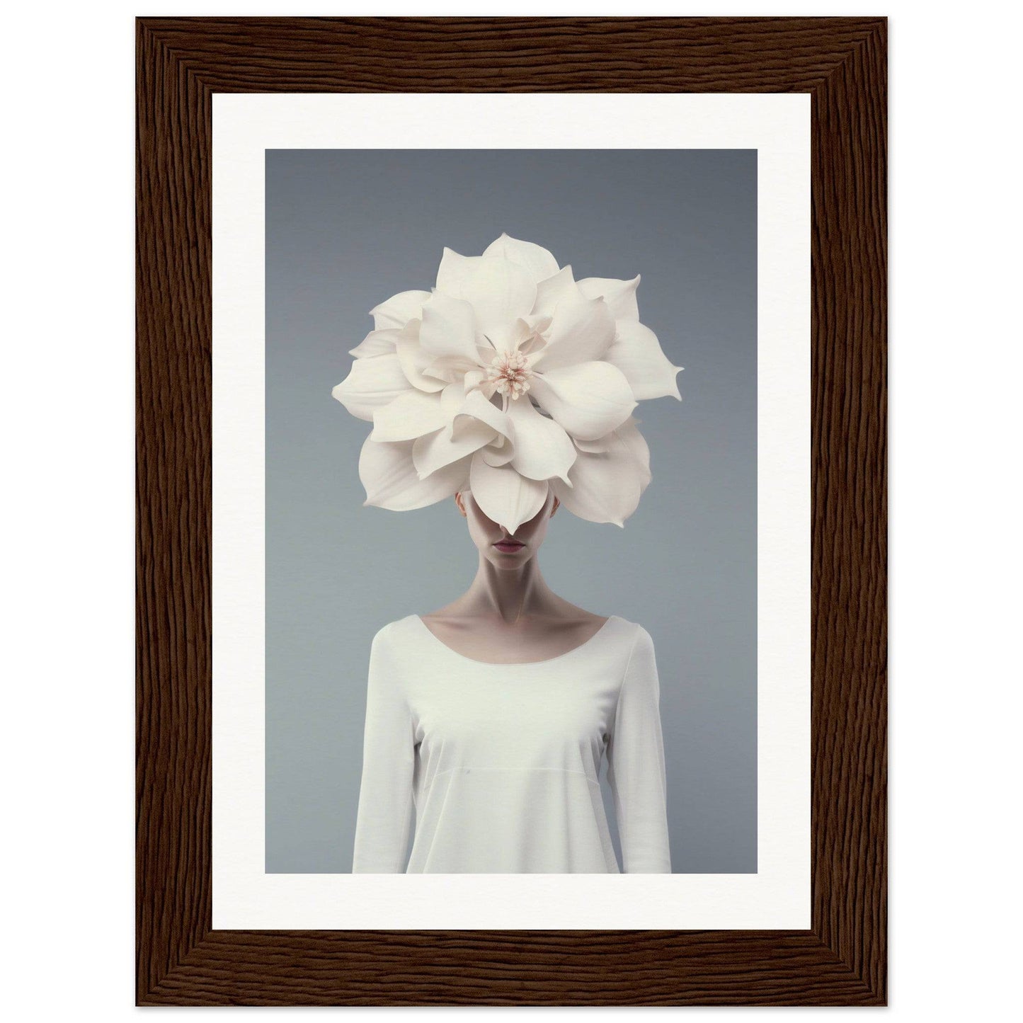 A surreal portrait featuring a figure with an oversized white flower in place of a head.