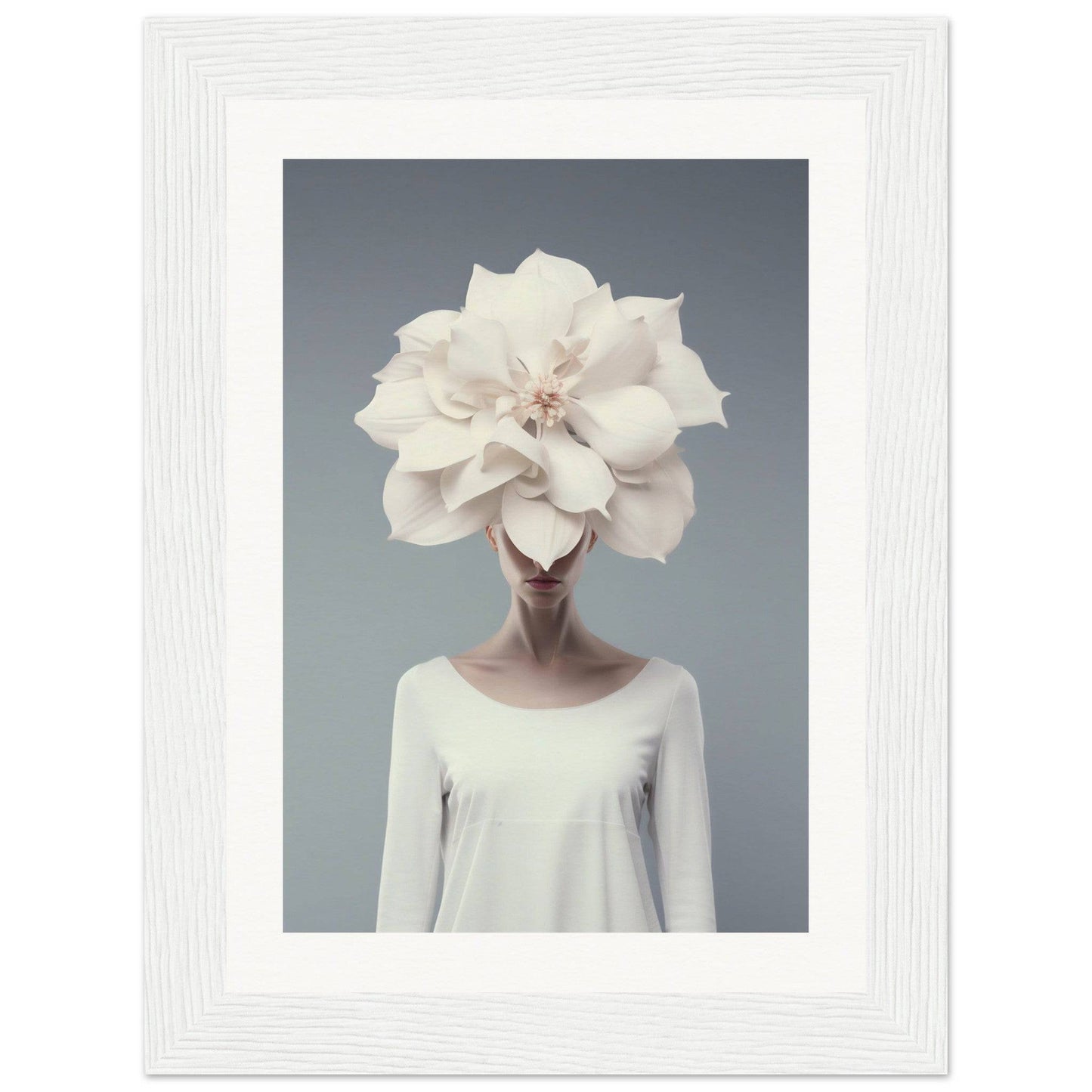 A surreal portrait of a figure with a giant white flower in place of their head.