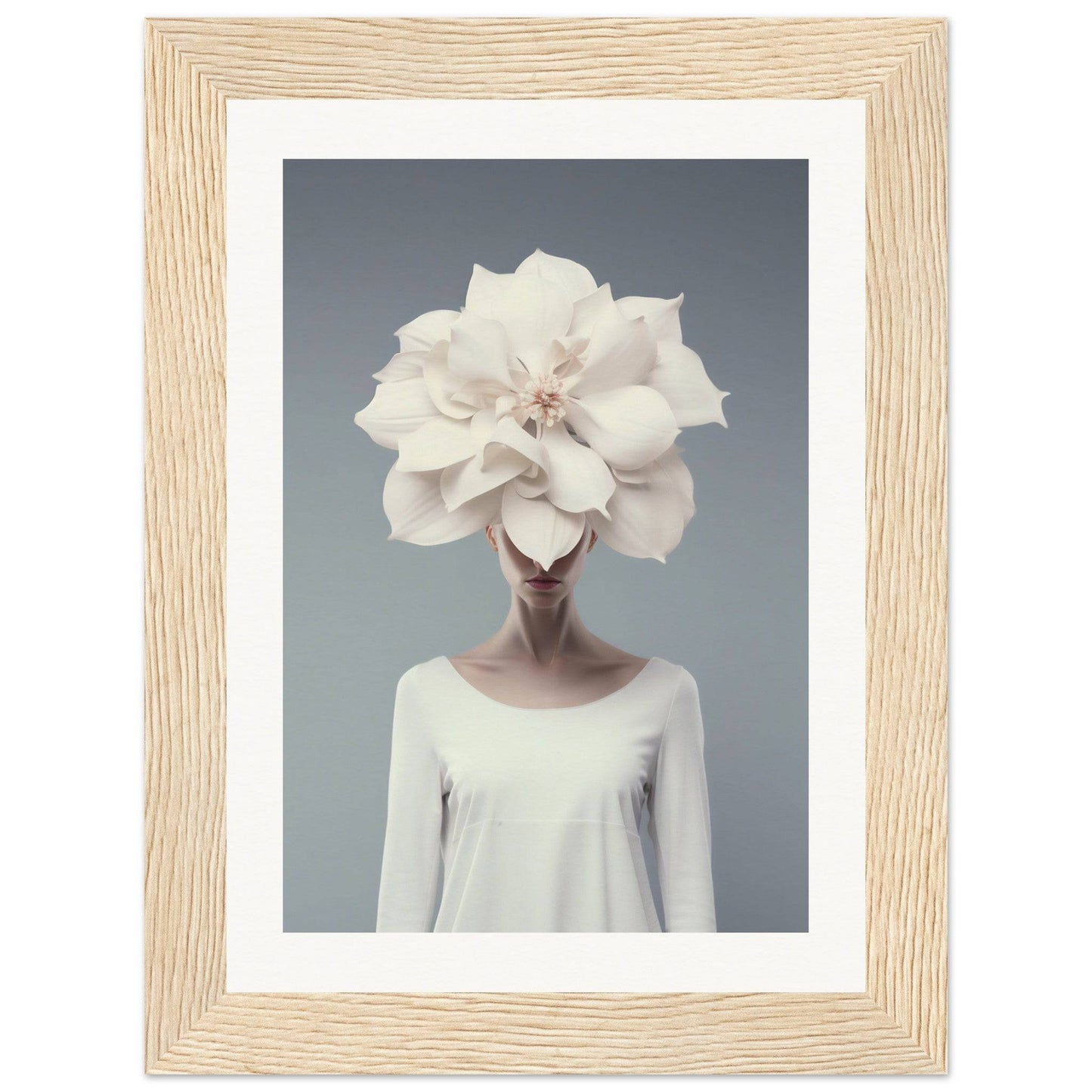 Surreal portrait of a figure with a giant white flower in place of their head.