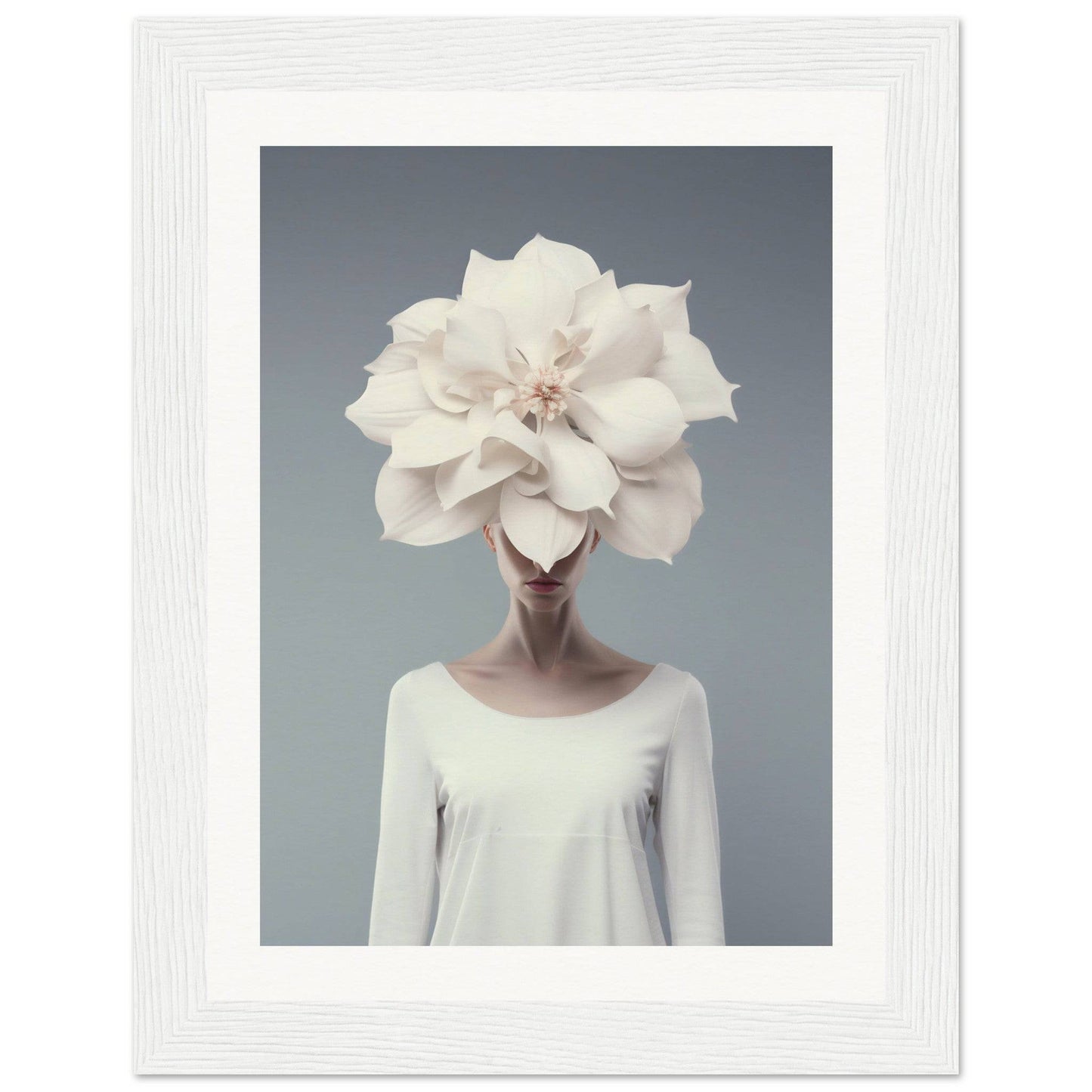 Surreal portrait of a figure with a giant white flower in place of their head.