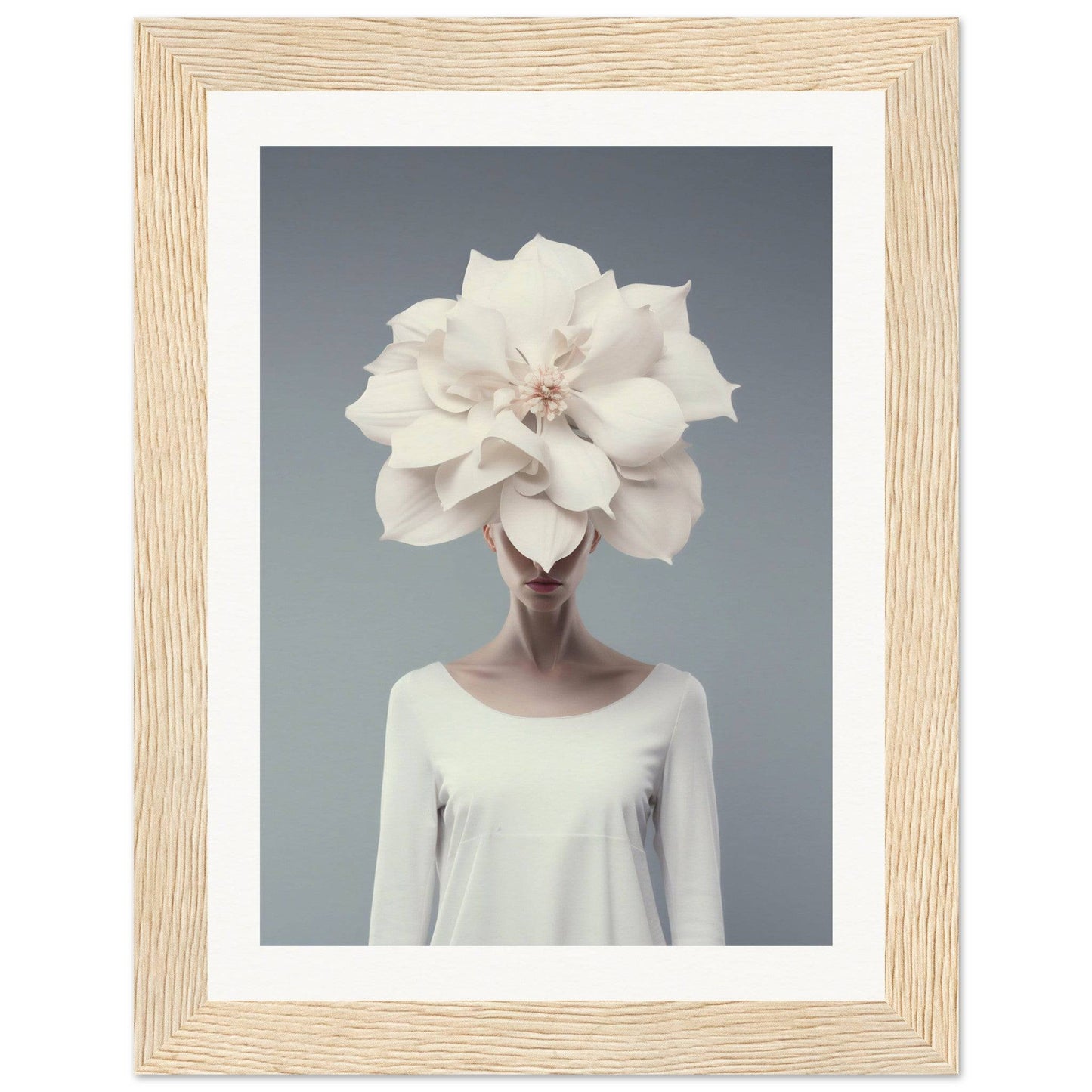 Surreal portrait of a figure with a giant white flower in place of their head.