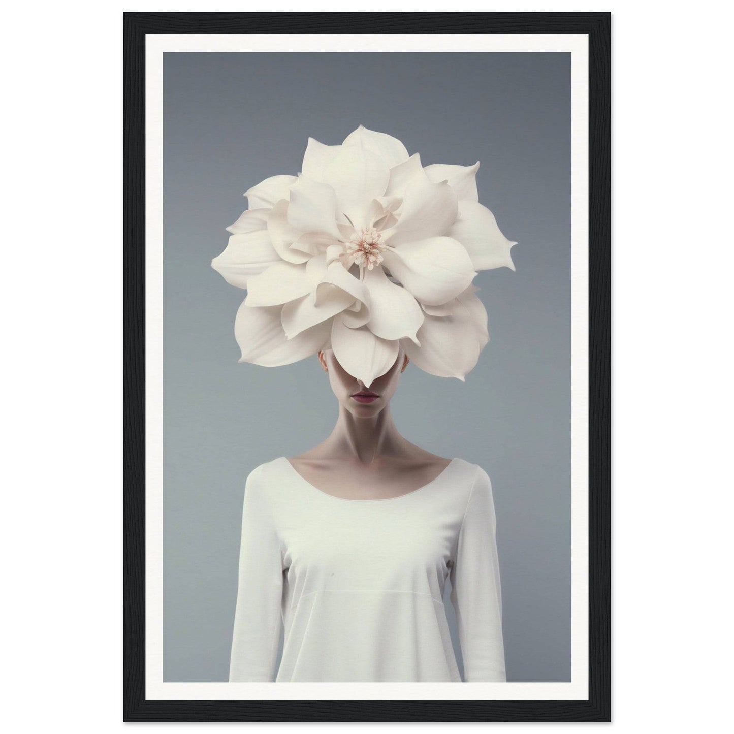 Surreal portrait of a figure wearing an enormous white flower as a head.