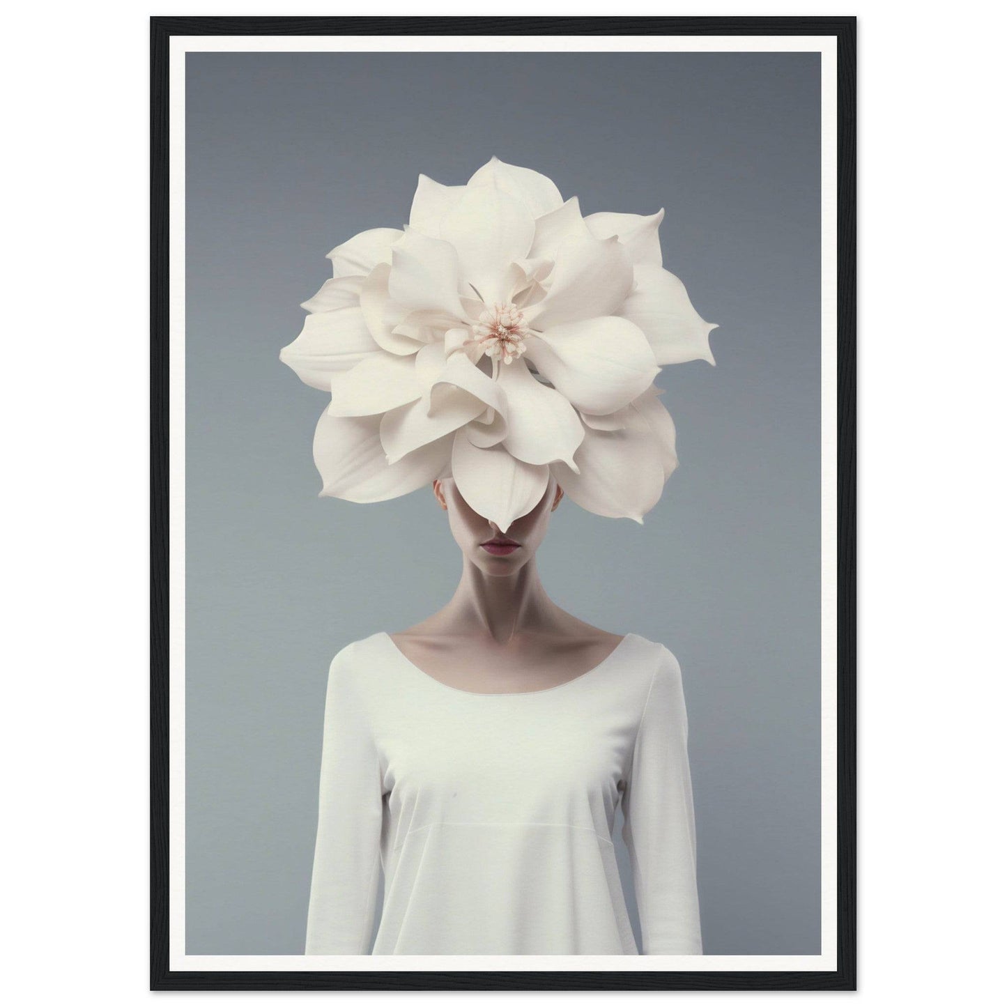 A surreal portrait featuring a figure with an enormous white flower in place of a head.