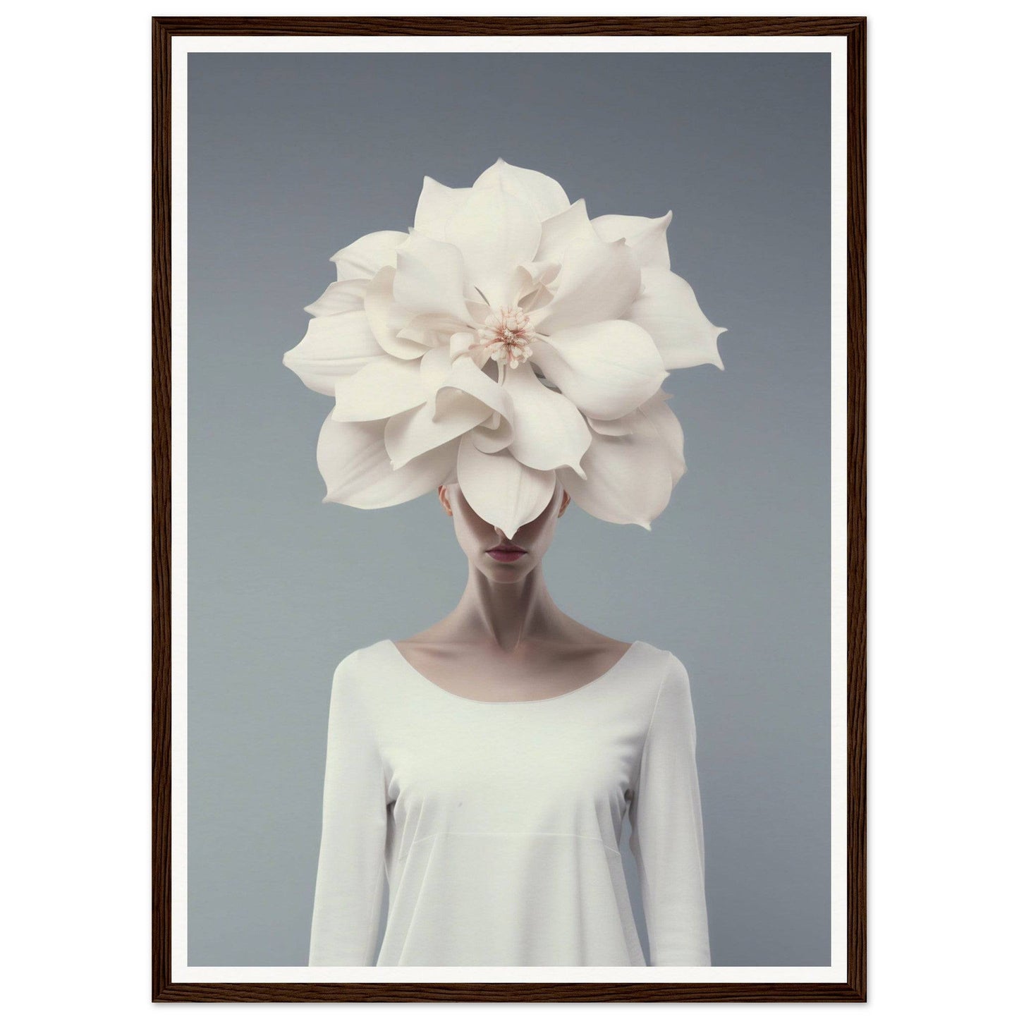 Surreal portrait featuring a figure with an enormous white flower in place of a head.