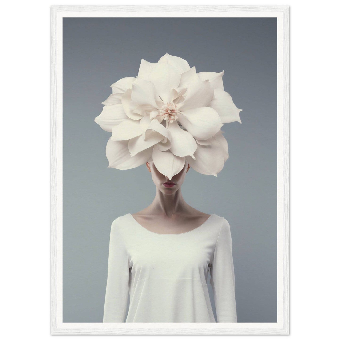 A surreal portrait featuring a figure with an oversized white flower in place of a head.