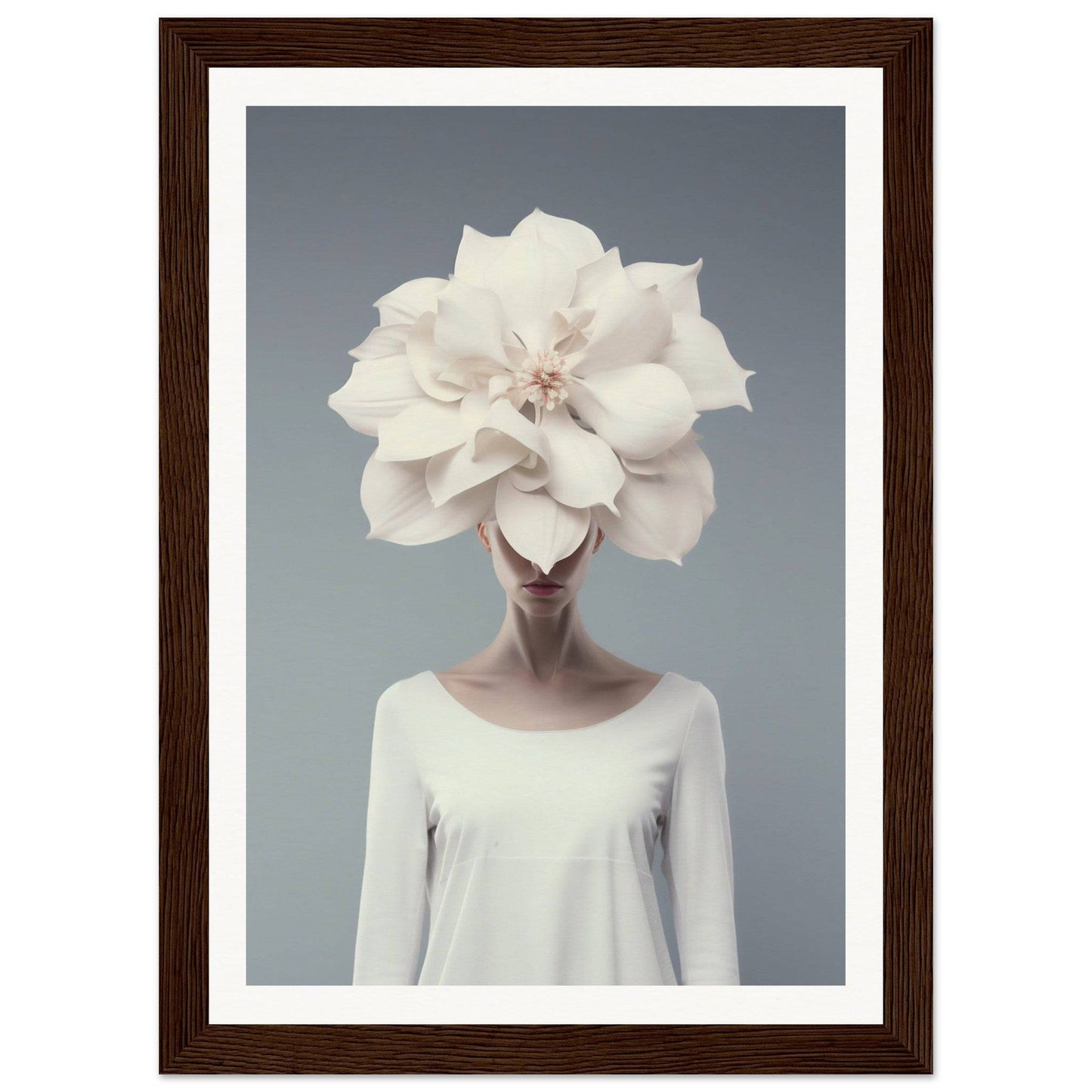 Surreal portrait of a figure with a giant white flower in place of their head.
