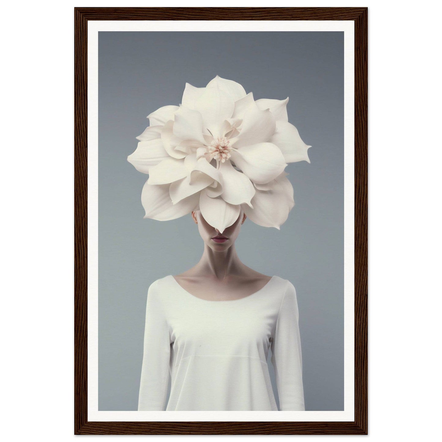 A surreal portrait featuring a person wearing an enormous white flower as a head.