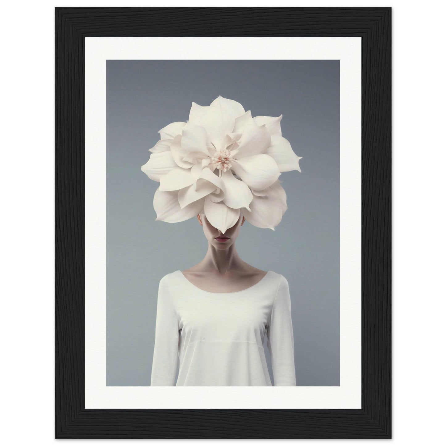 A surreal portrait featuring a figure with a giant white flower in place of their head.