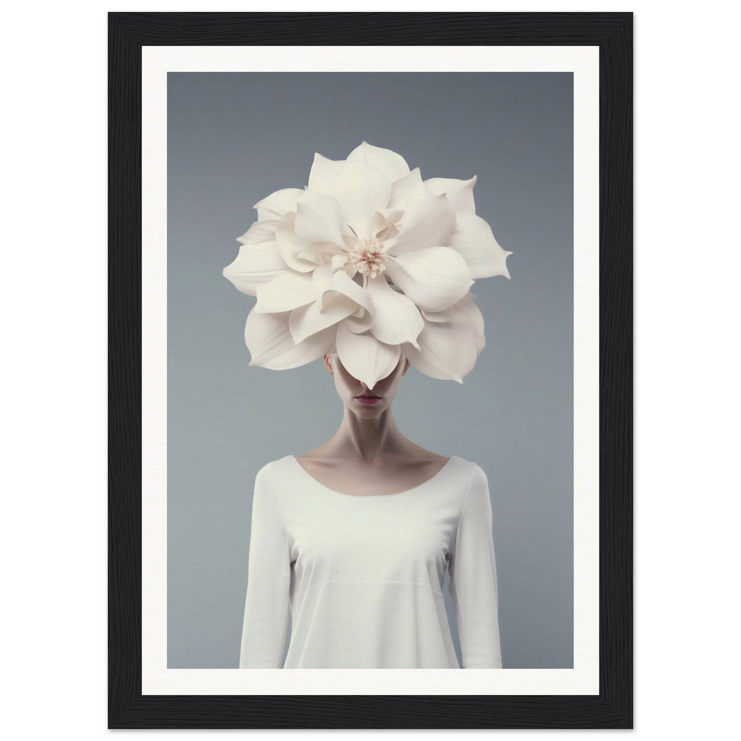 A person wearing an oversized white flower as a headdress.
