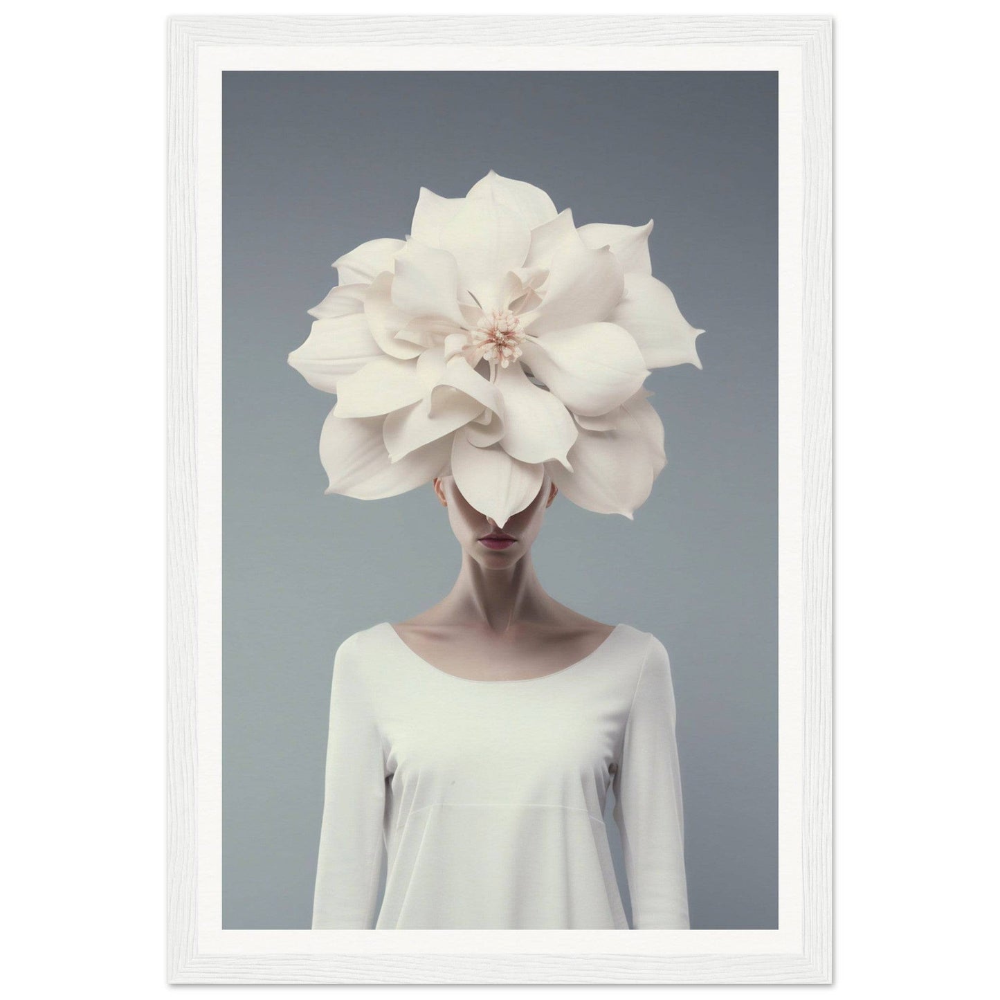 A surreal portrait featuring a person wearing an enormous white flower as a headdress.
