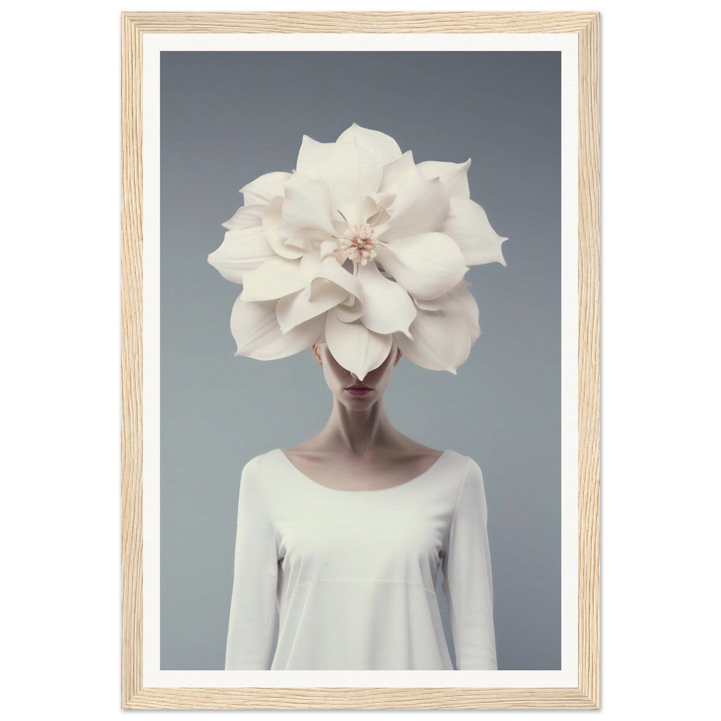 A figure wearing an enormous white flower as a headdress.