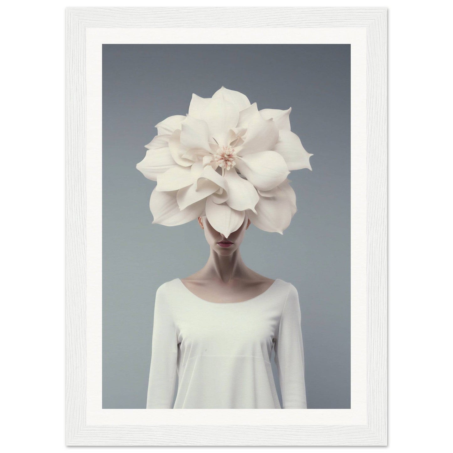 Surreal portrait of a figure with a giant white flower in place of their head.