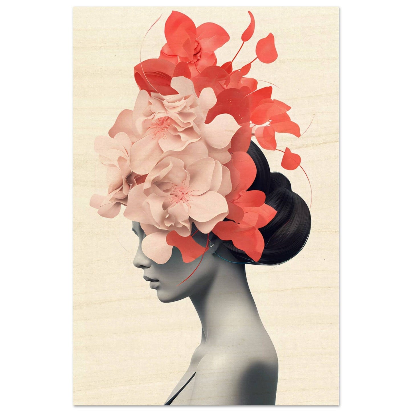Silhouette of a woman’s head and shoulders adorned with vibrant red and pink floral elements.