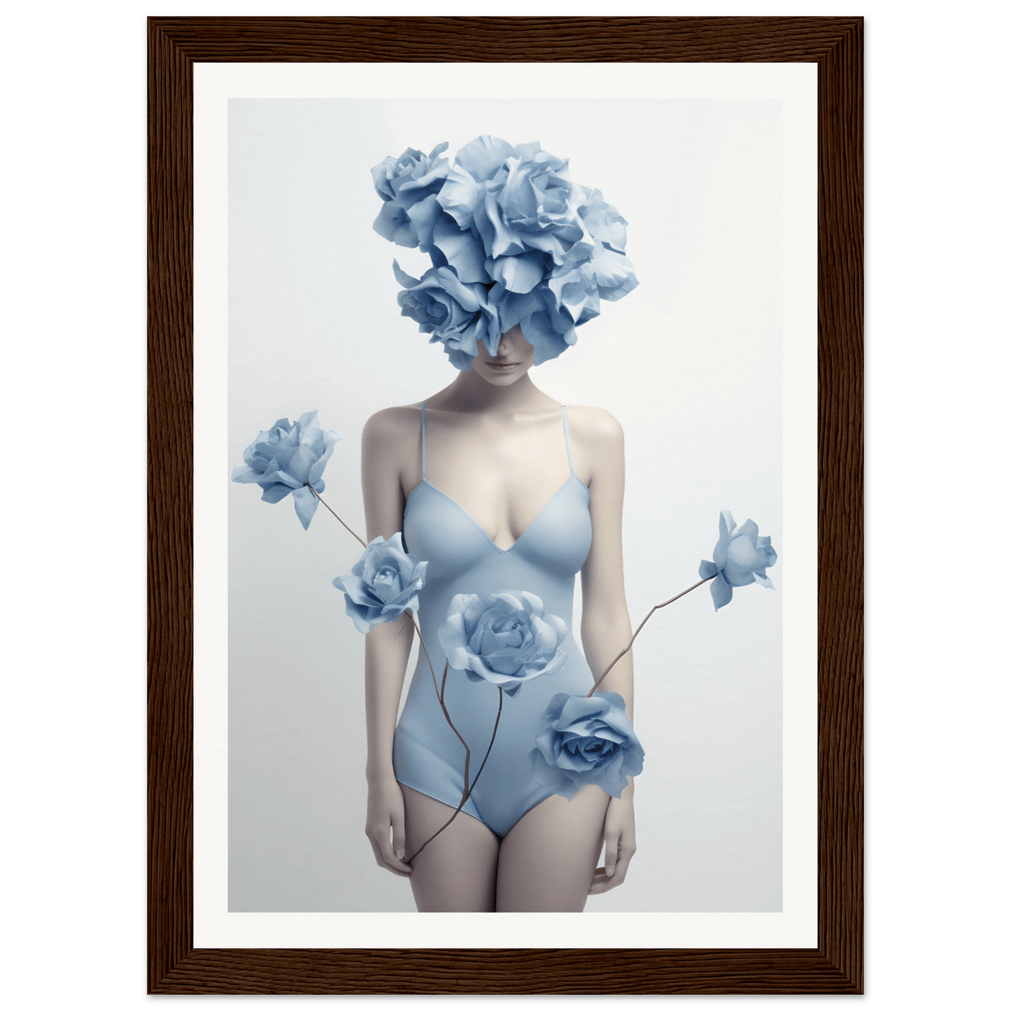 Surreal artistic portrait of a feminine figure with blue floral elements incorporated into and obscuring parts of the body.