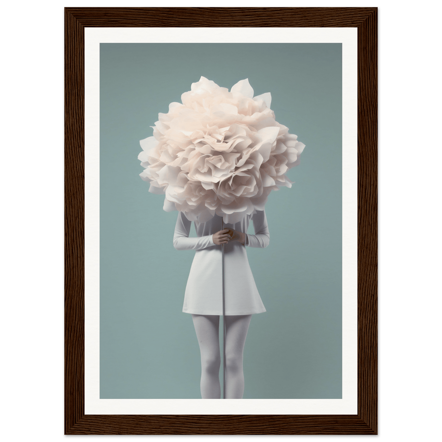 A person with a giant white flower in place of their head, wearing a short white dress.