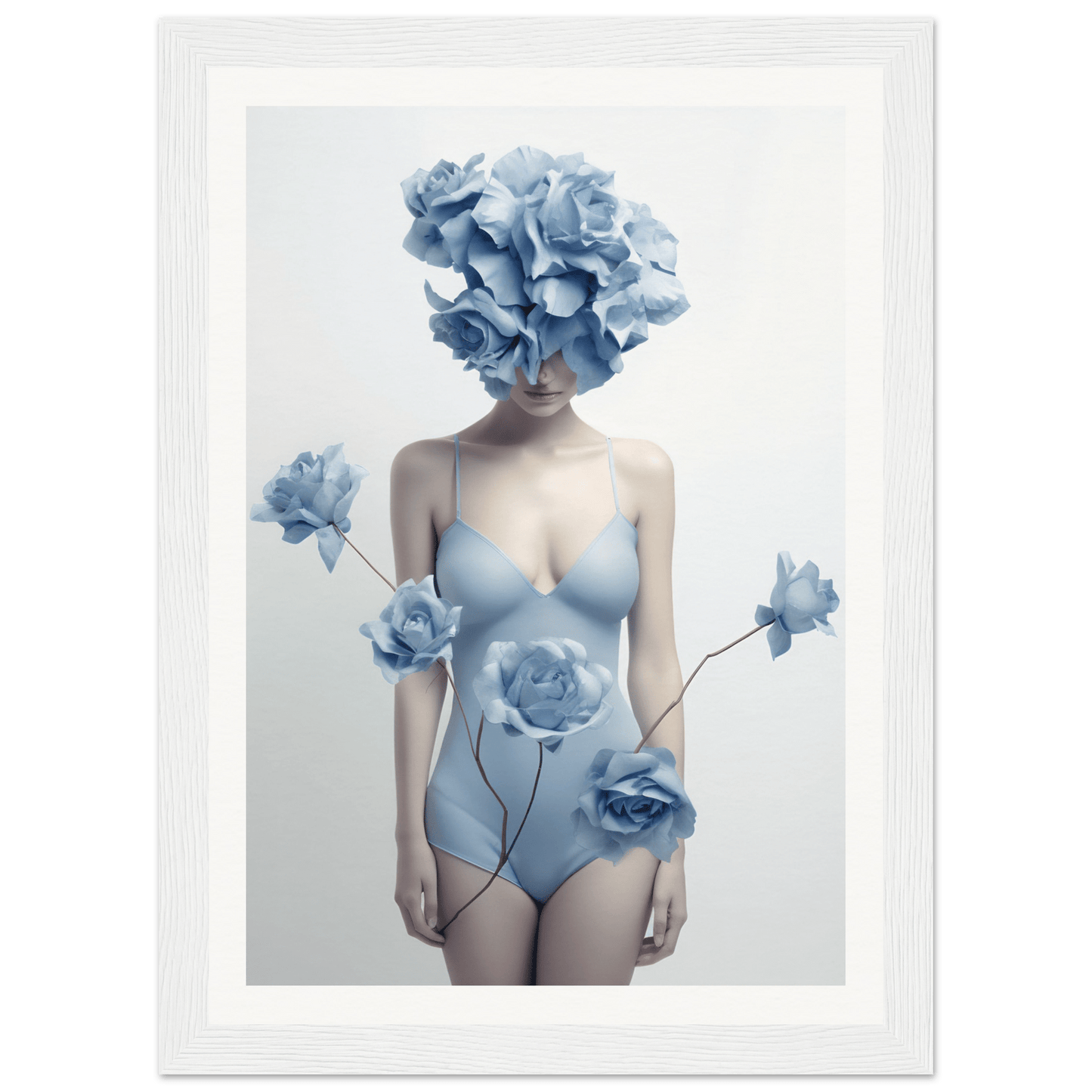 Surreal figure with a body covered in pale blue flowers and petals instead of a head.