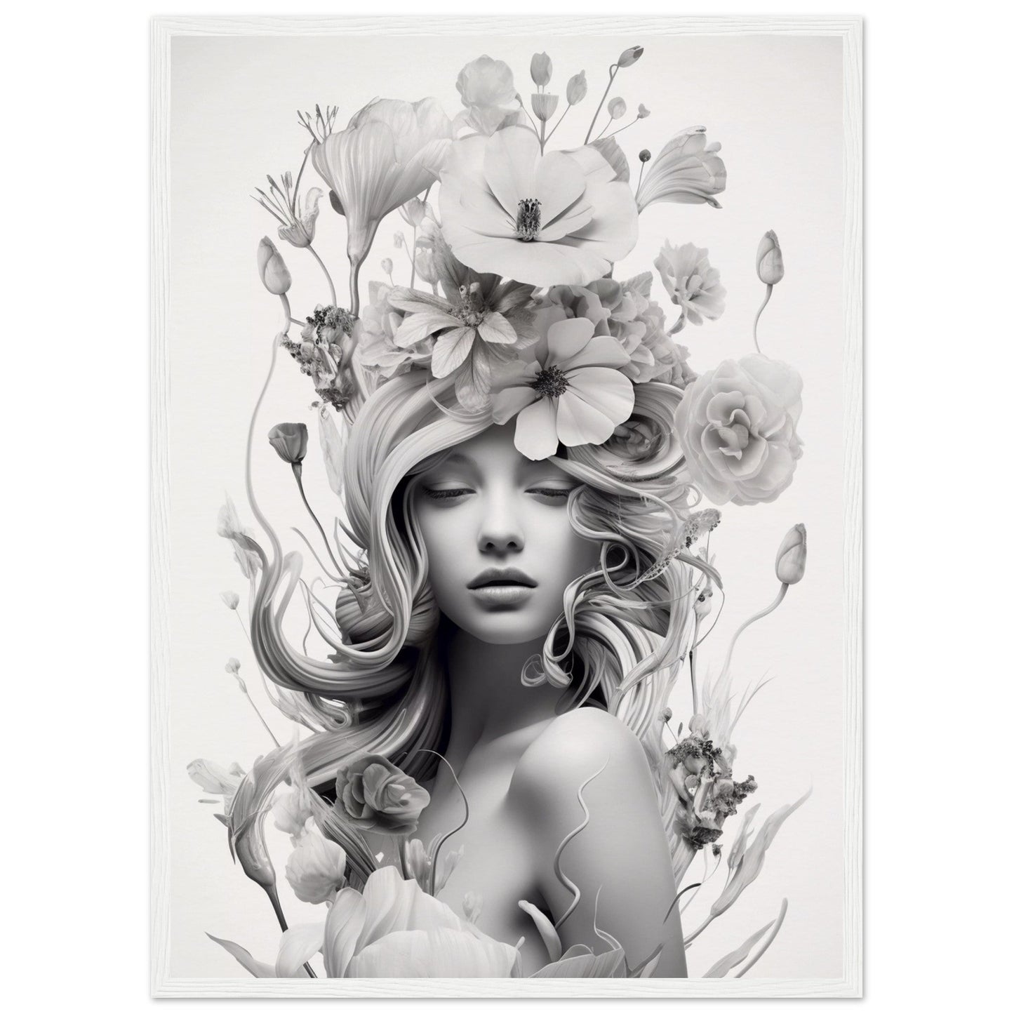 A monochromatic portrait of a woman adorned with an elaborate floral headdress and flowing hair.